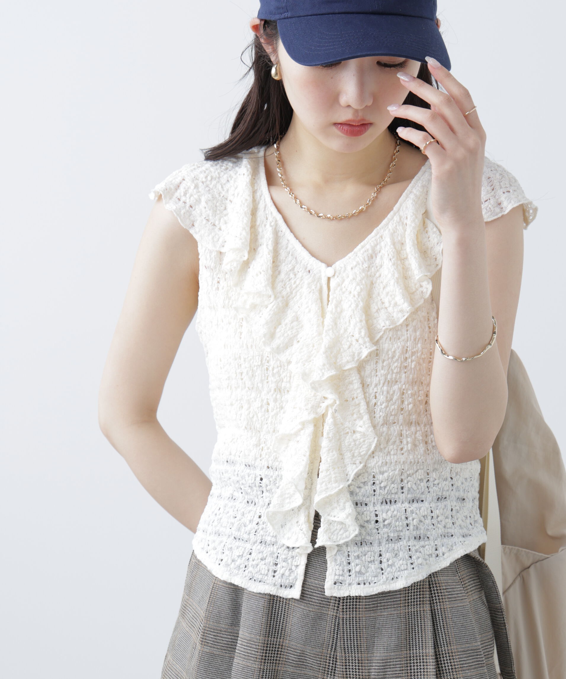  「レースラッフルフリルフレンチブラウス」|シャツ・ブラウス|オフ白