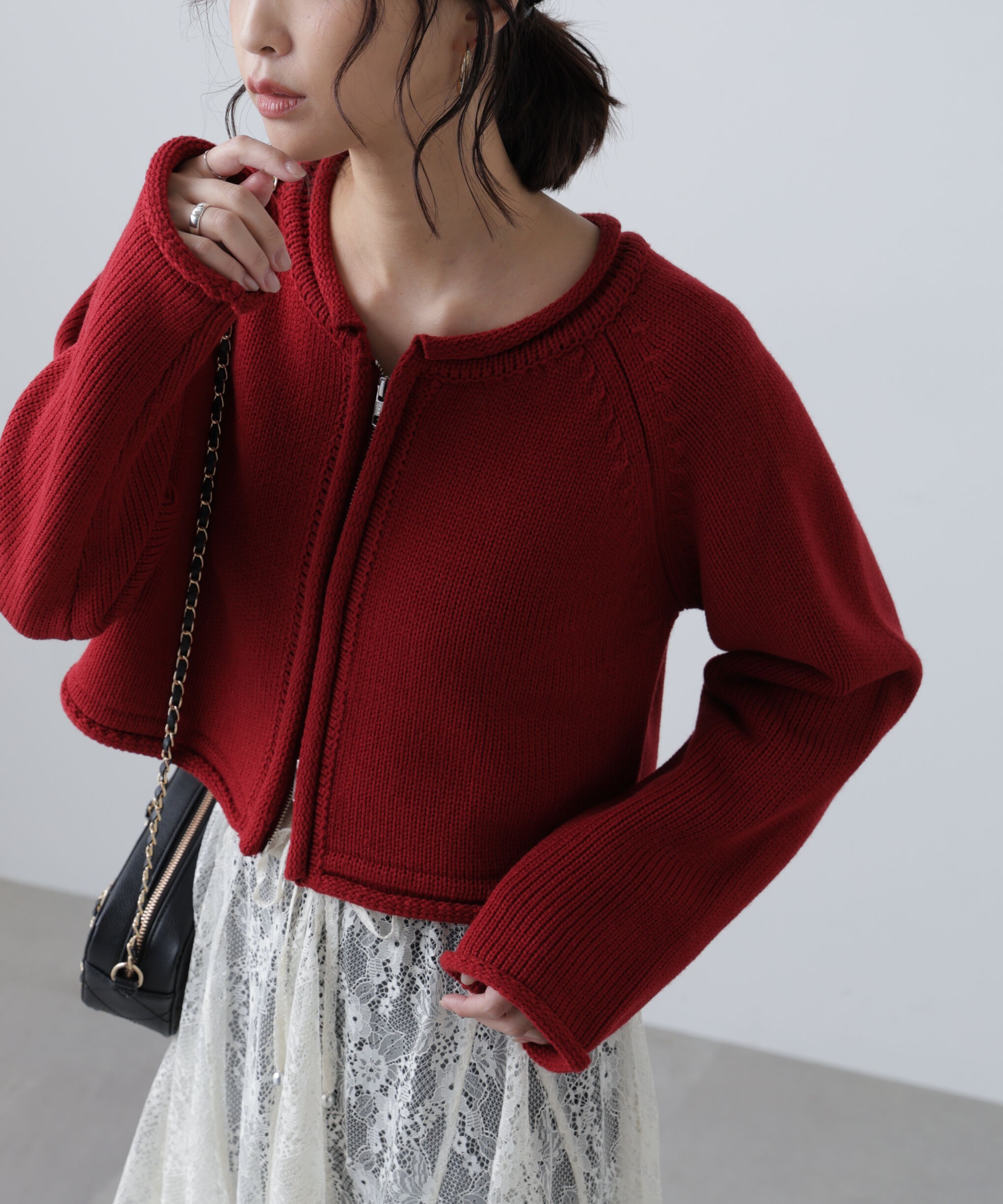  「ロールアップ短丈ジップカーディガン」|ニット・セーター|