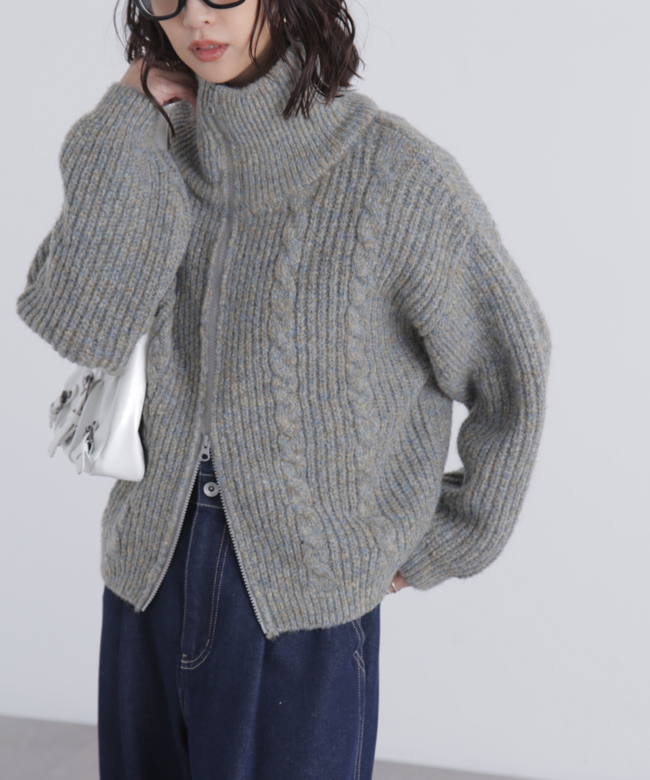  「スタンドネックショート丈ジップニットブルゾン」|ブルゾン・スタジャン|グレー