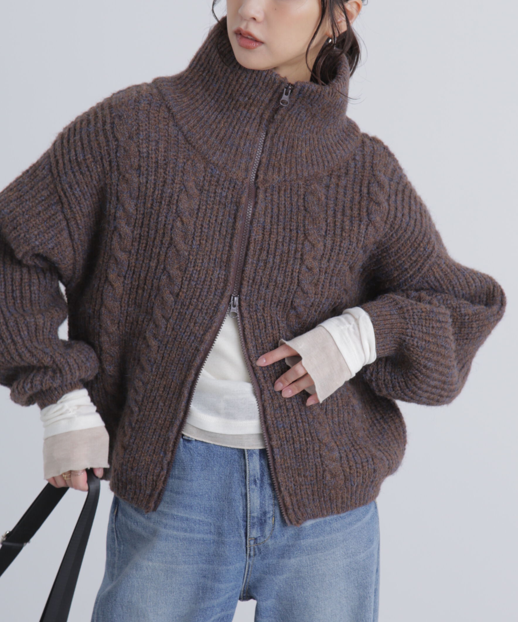  「スタンドネックショート丈ジップニットブルゾン」|ブルゾン・スタジャン|