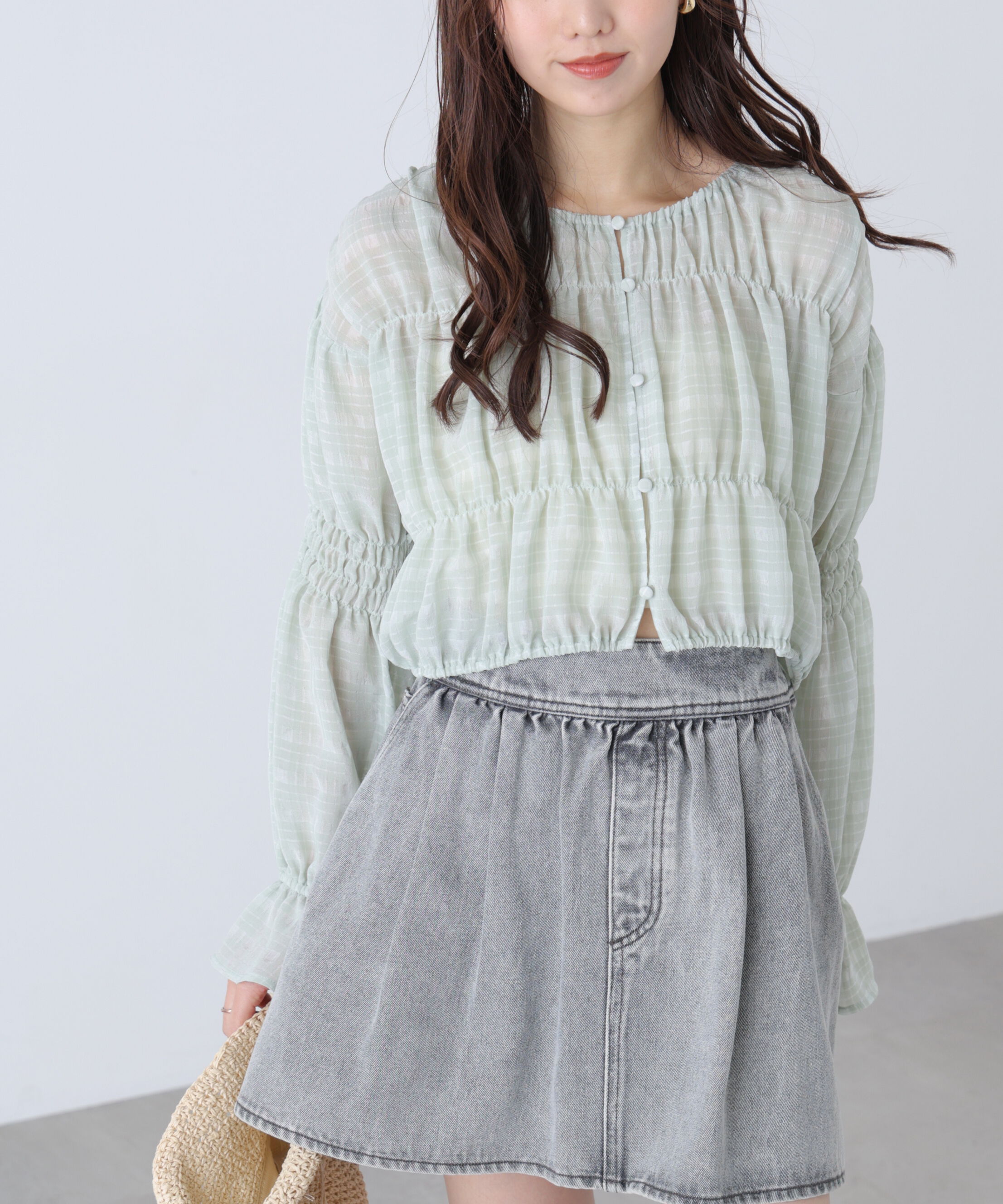  「シアーギャザー前開き短丈ブラウス」|シャツ・ブラウス|