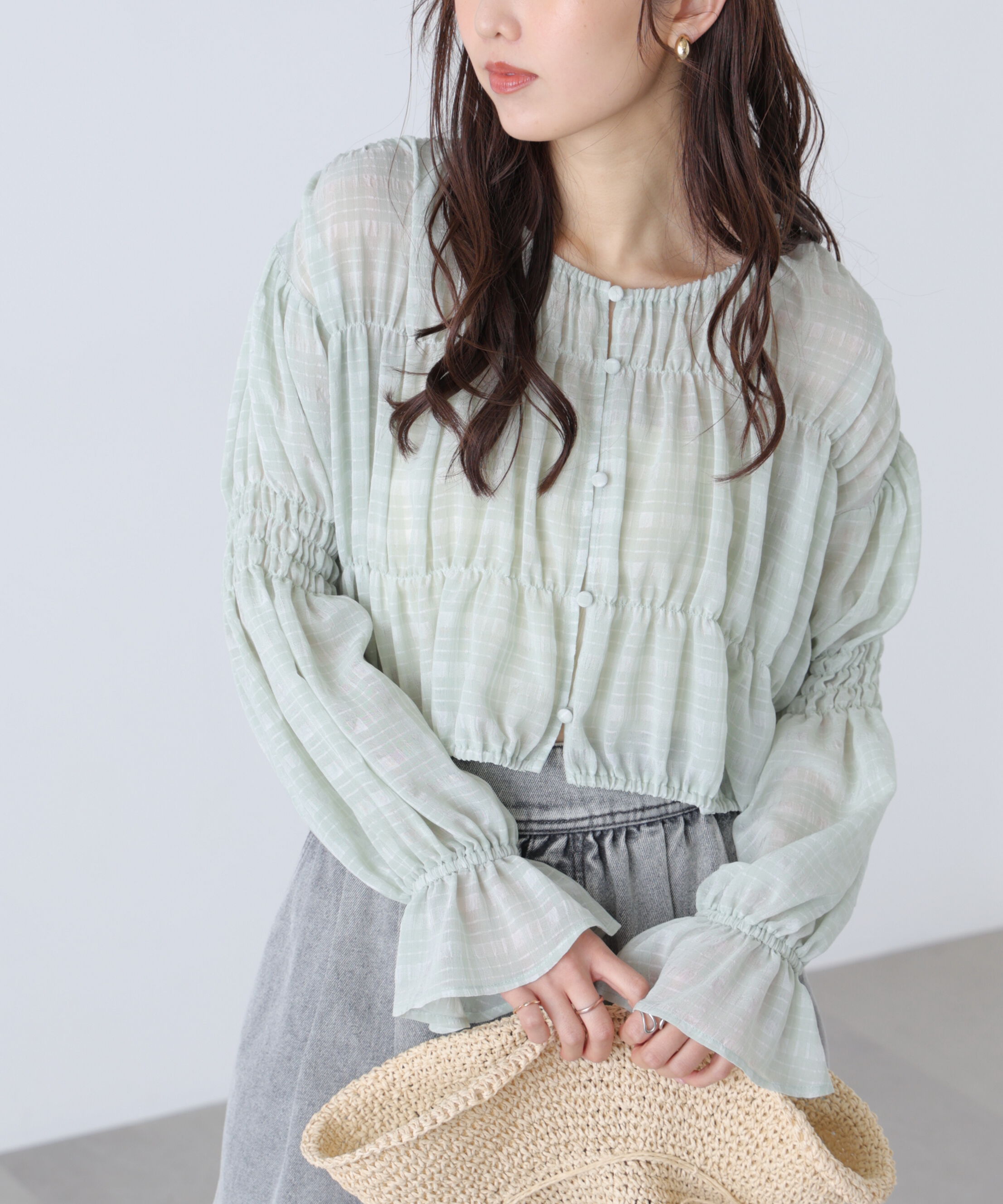  「シアーギャザー前開き短丈ブラウス」|シャツ・ブラウス|