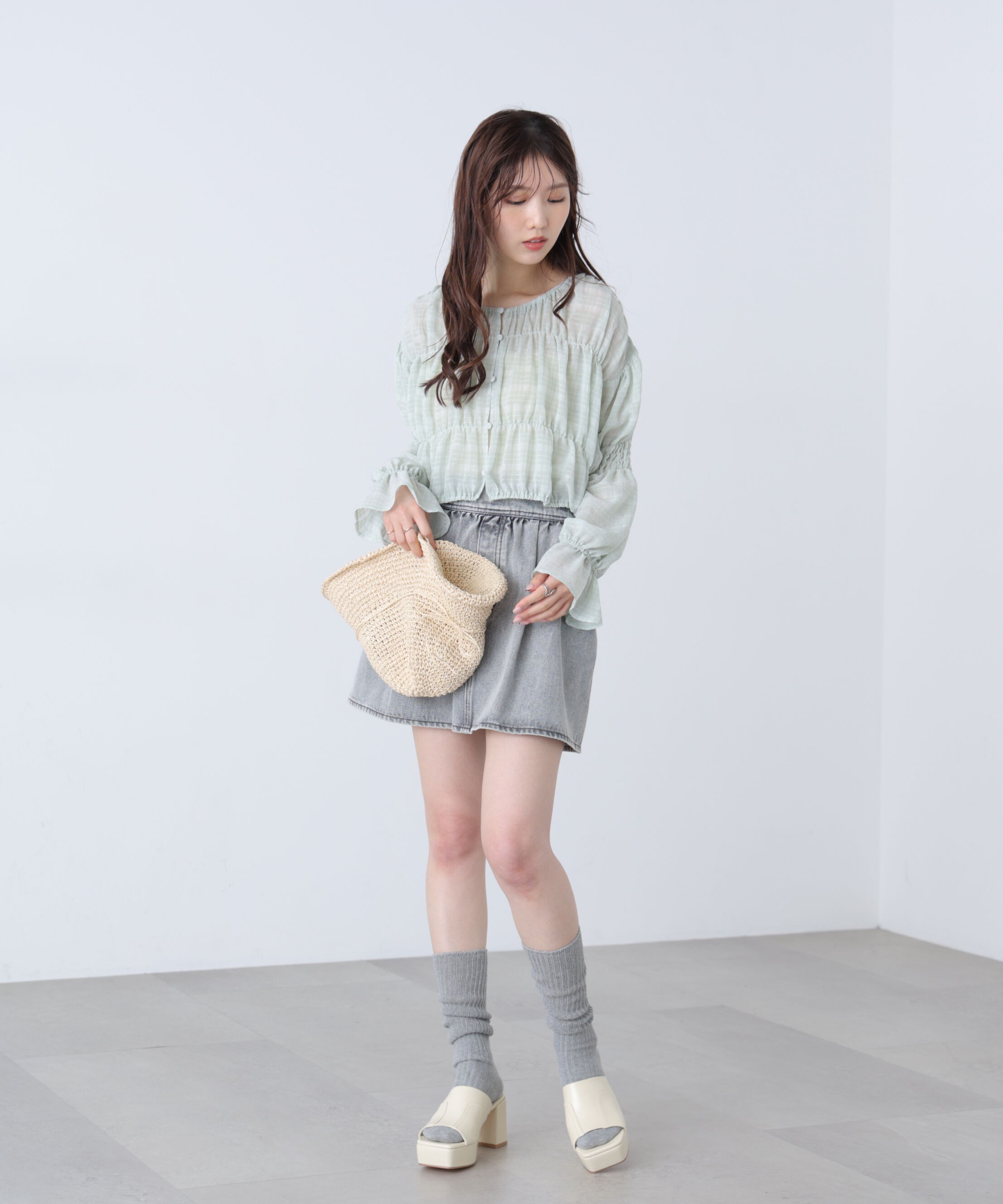  「シアーギャザー前開き短丈ブラウス」|シャツ・ブラウス|