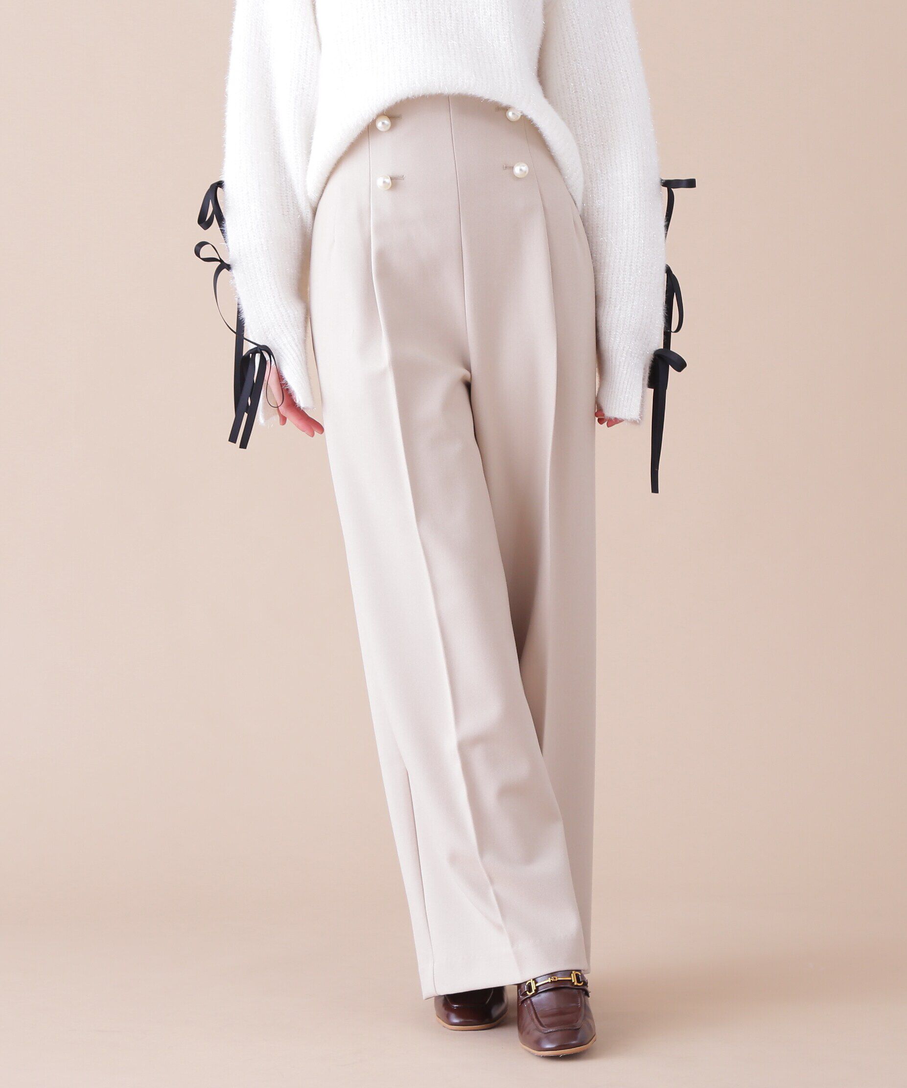  「パールボタンワイドパンツ」|その他|ベージュ