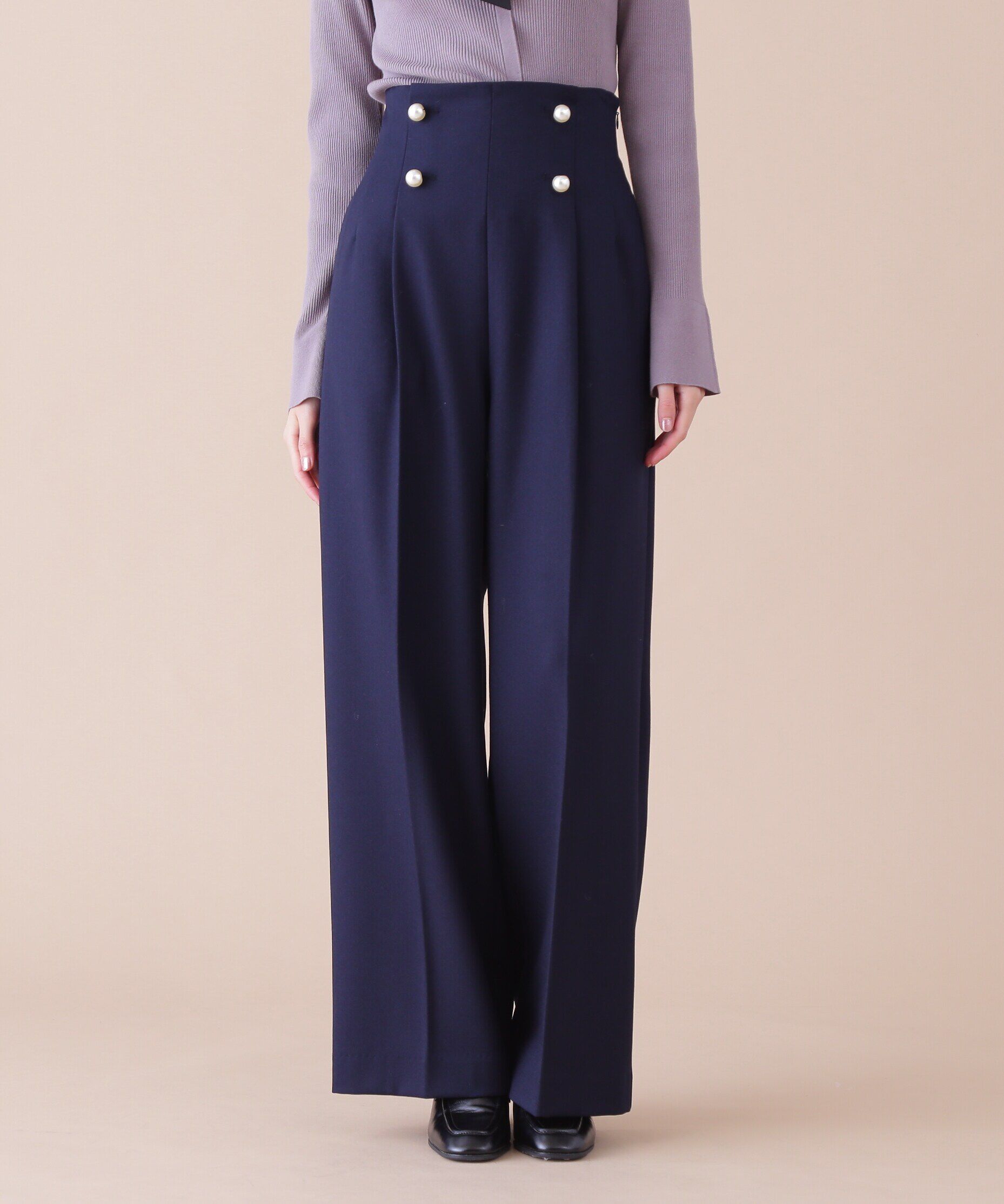  「パールボタンワイドパンツ」|その他|ネイビー