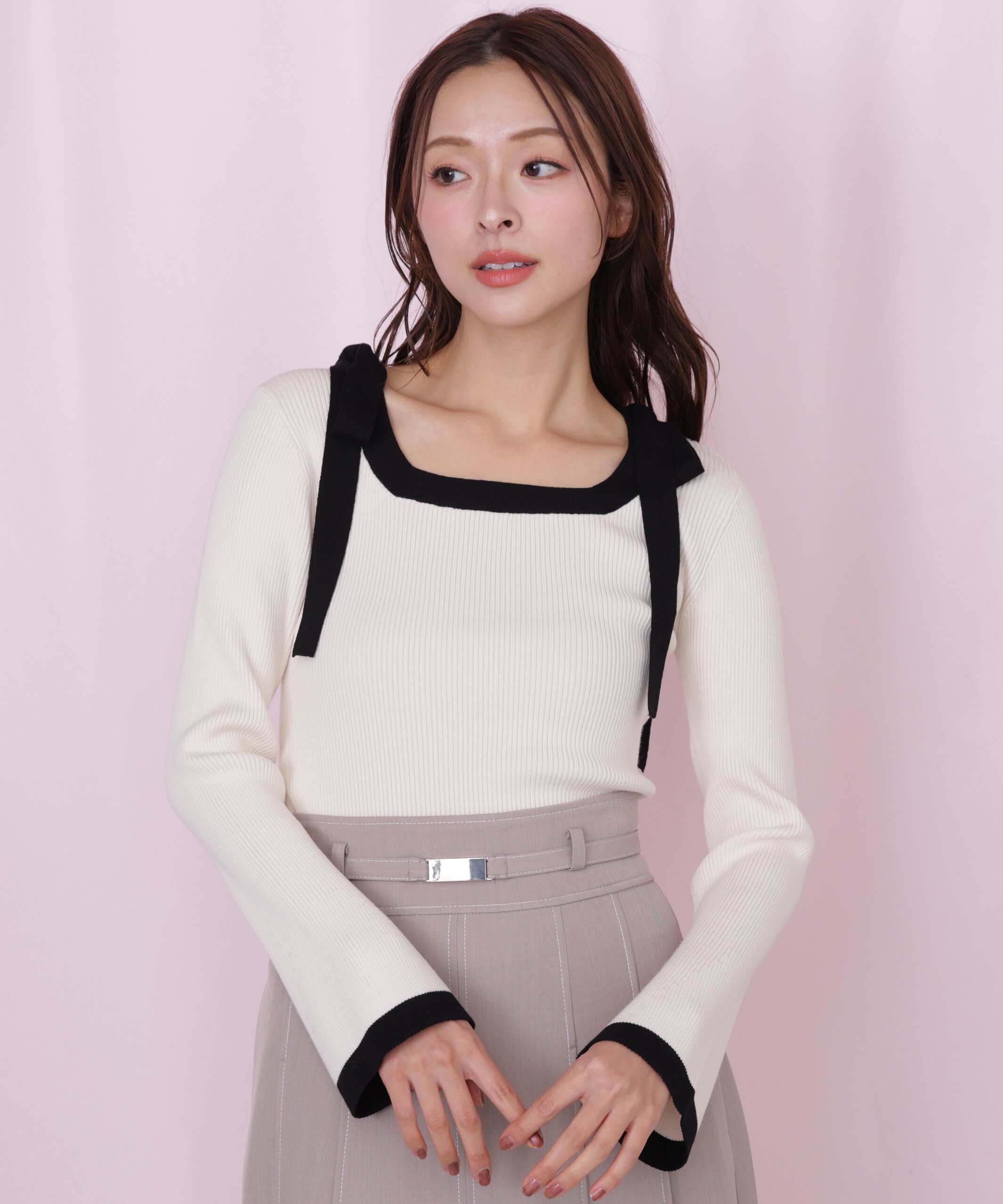  「肩リボン配色ニット」|ニット・セーター|