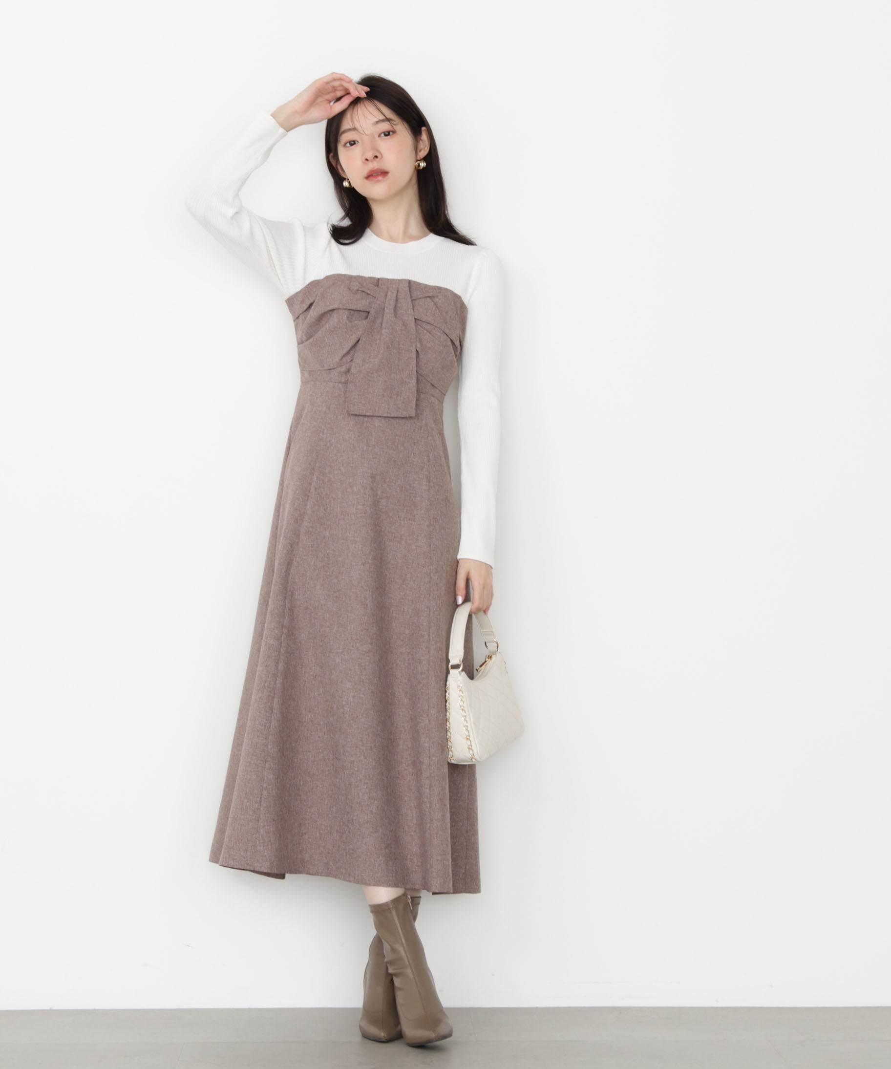 PROPORTION BODY DRESSING「フロントリボンドッキングワンピース 25AW」|ワンピース|ホワイト&times;ブラ