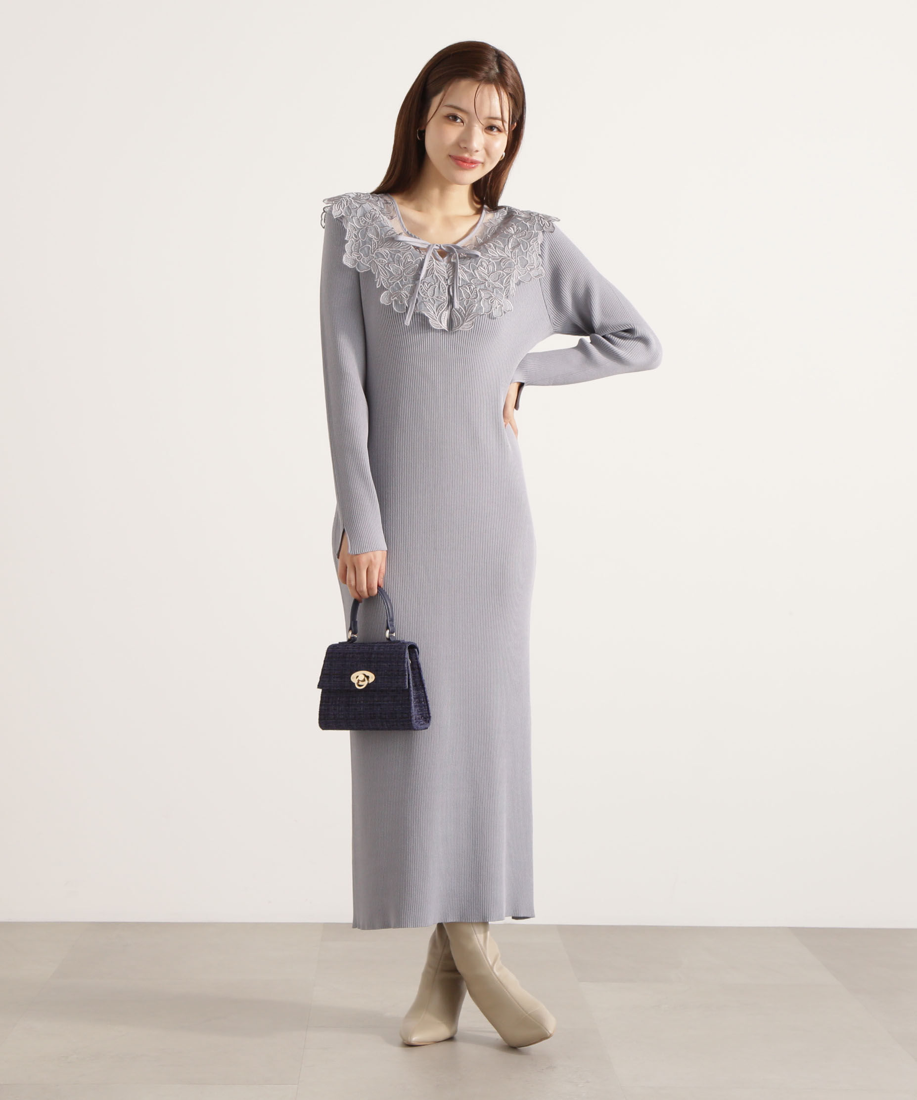 PROPORTION BODY DRESSING「ケープ風レース付きニットワンピース 25AW」|ワンピース|