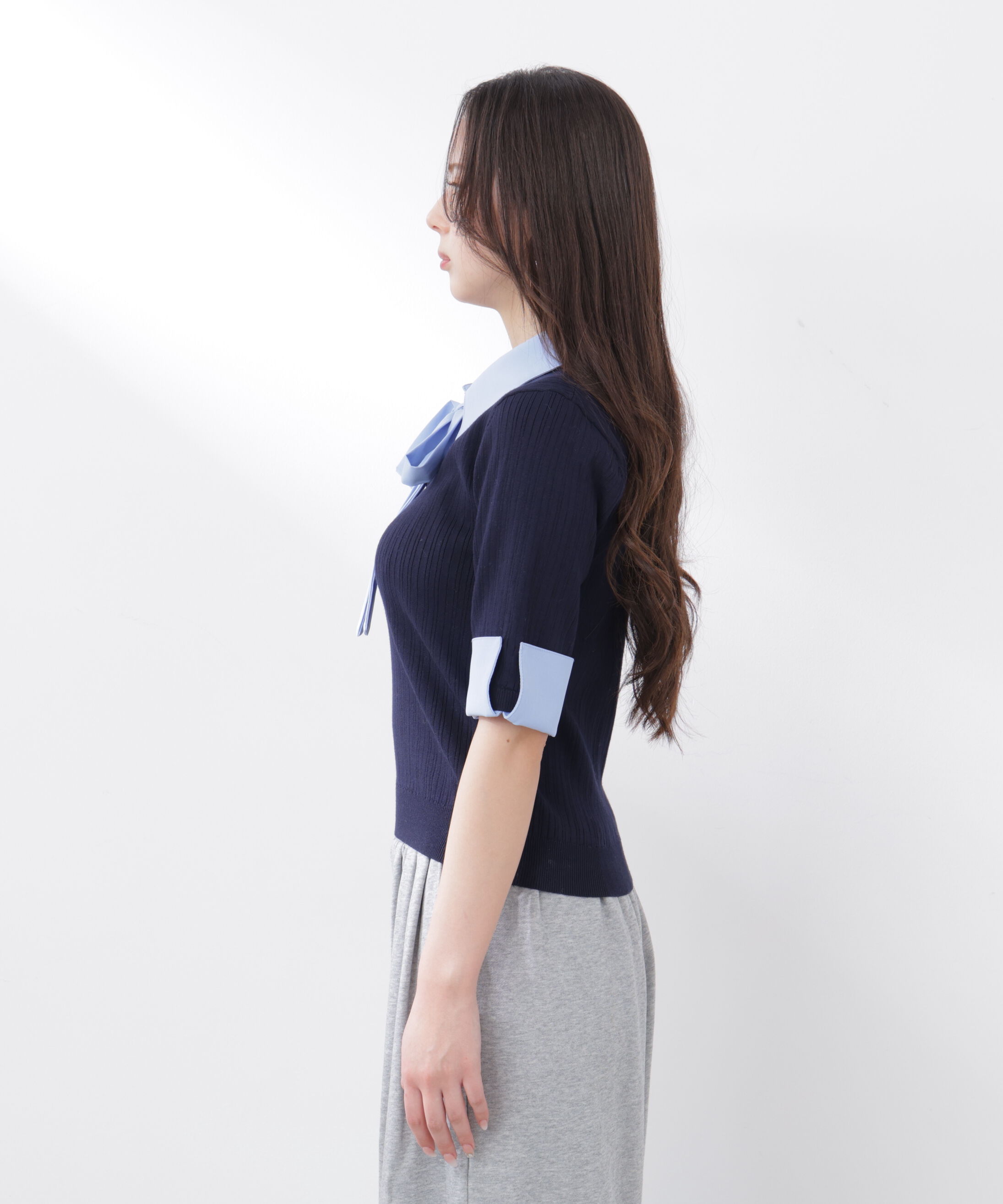 PROPORTION BODY DRESSING「《EDIT COLOGNE》リボンシャツドッキングニット　26SS」|ニット・セーター|