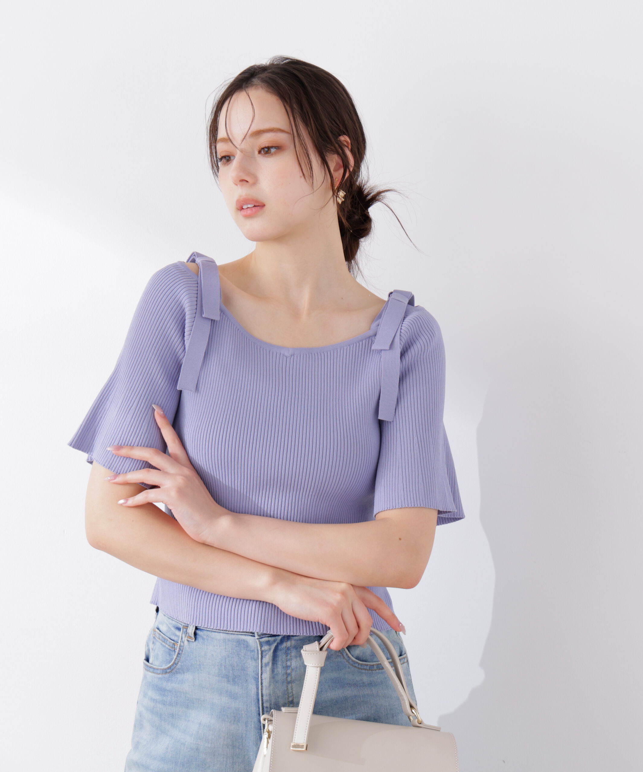 PROPORTION BODY DRESSING「＜ウォッシャブル/UV＞肩リボンオフショルニット　26SS」|ニット・セーター|ブルー