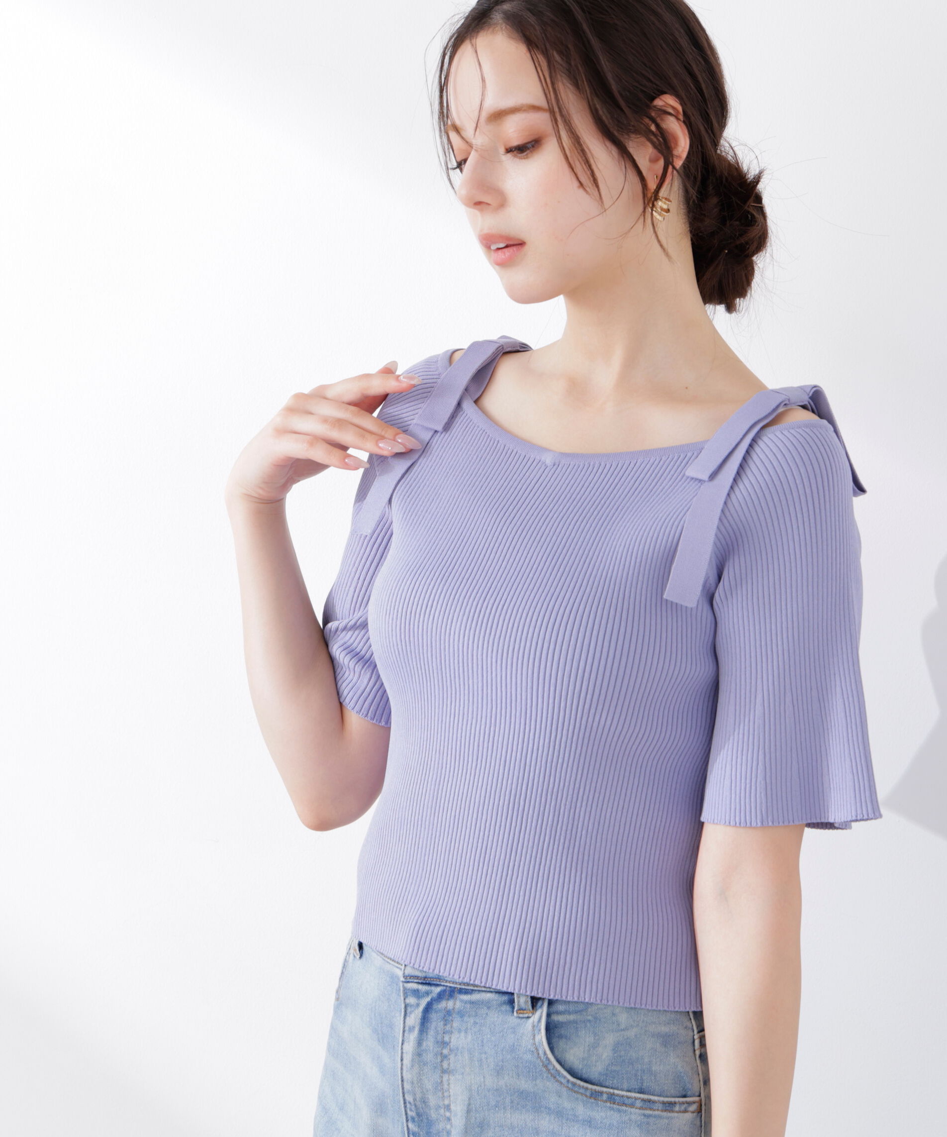 PROPORTION BODY DRESSING「＜ウォッシャブル/UV＞肩リボンオフショルニット　26SS」|ニット・セーター|