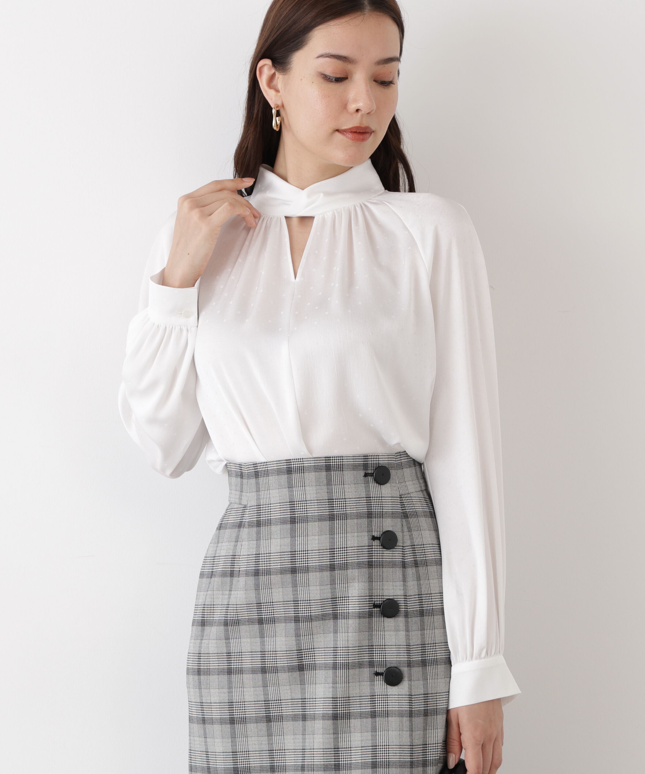  「◆ギャザーネックドットジャガードブラウス」|シャツ・ブラウス|