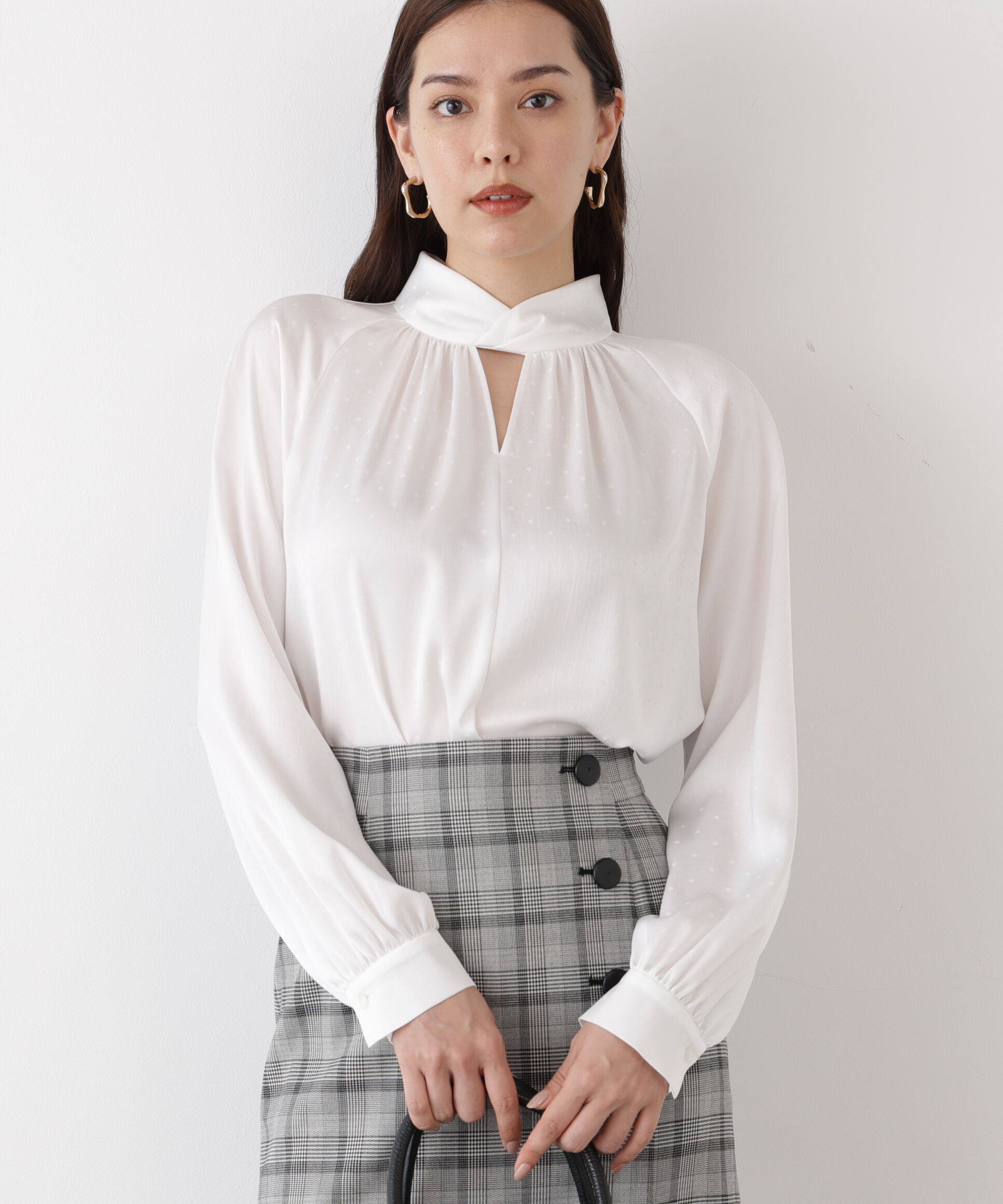  「◆ギャザーネックドットジャガードブラウス」|シャツ・ブラウス|