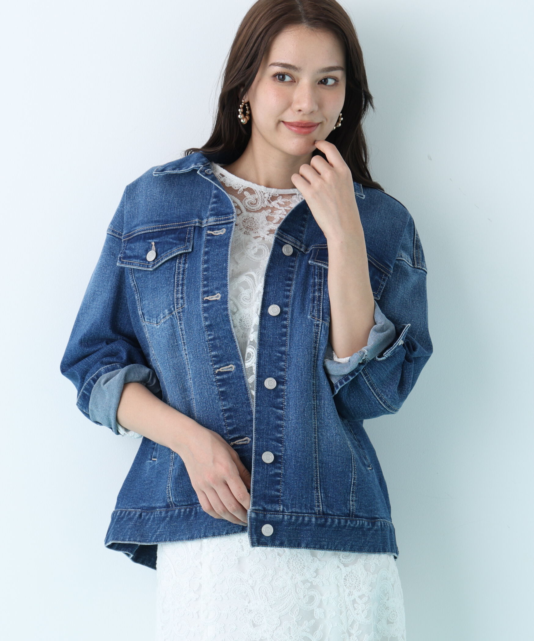  「ルーズカラーデニムジャケット」|ブルゾン・スタジャン|