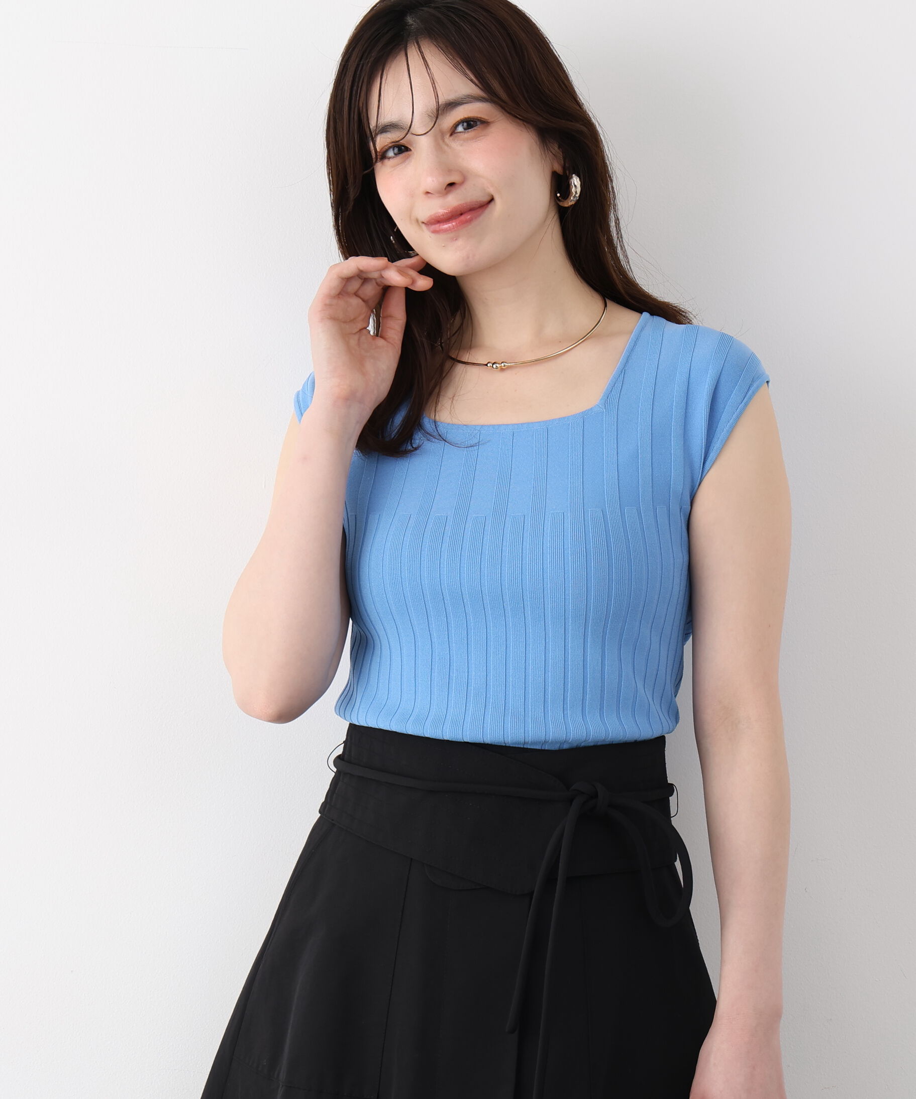  「スクエアネックニットトップス」|ニット・セーター|ブルー