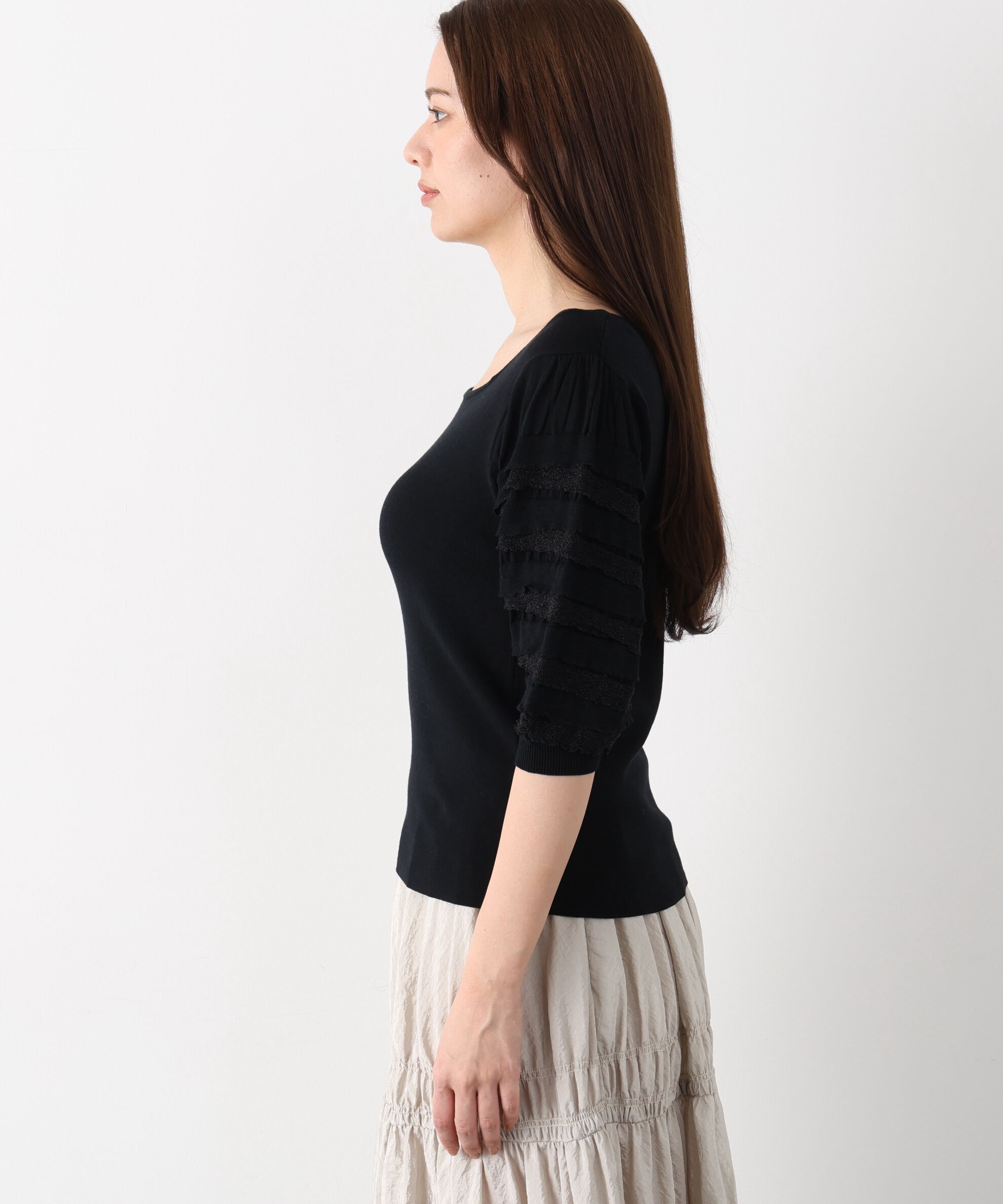  「ティアードスリーブスクエアネックニットプルオーバー」|ニット・セーター|