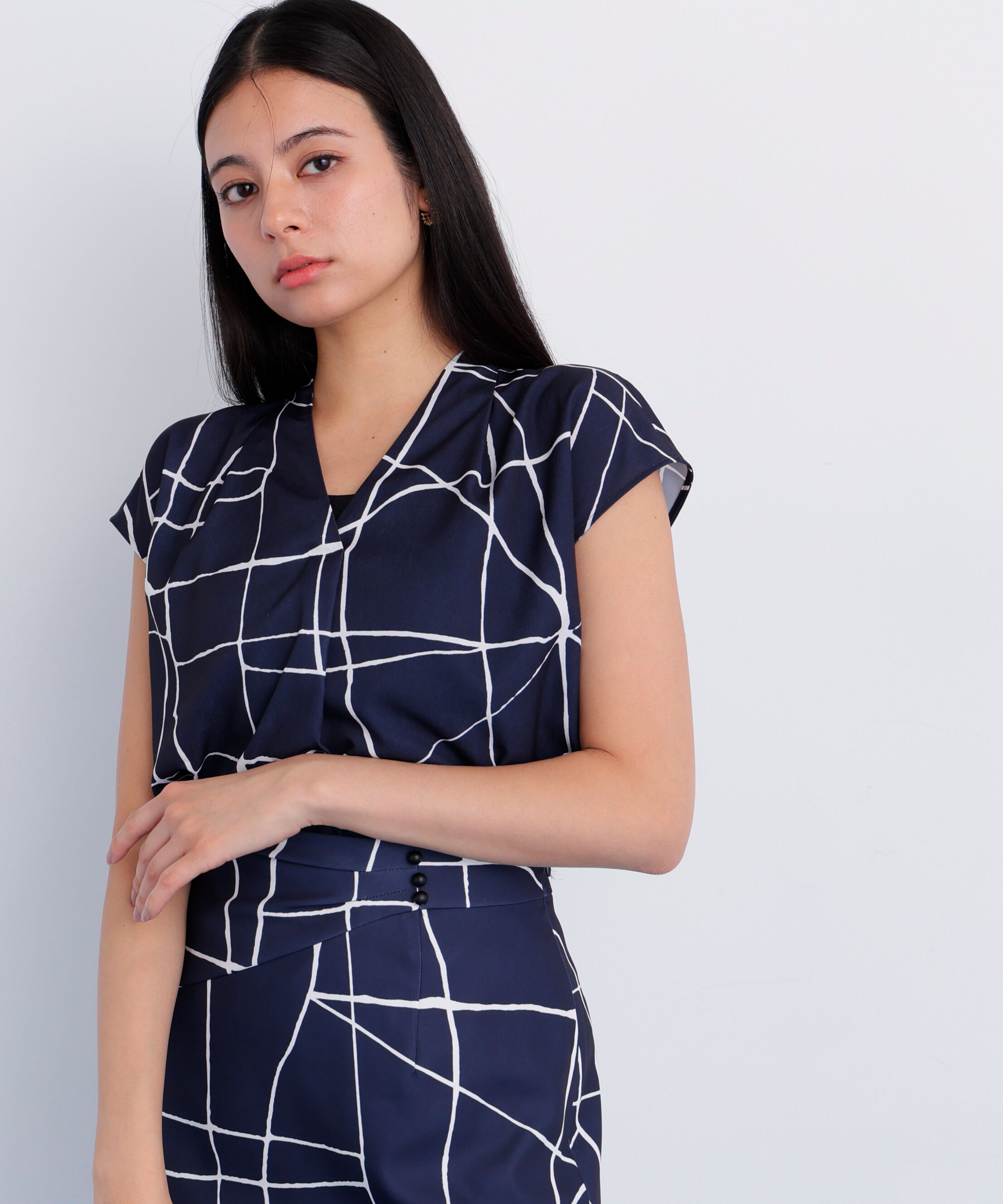 「ラインプリントタックブラウス」|シャツ・ブラウス|ネイビー系1