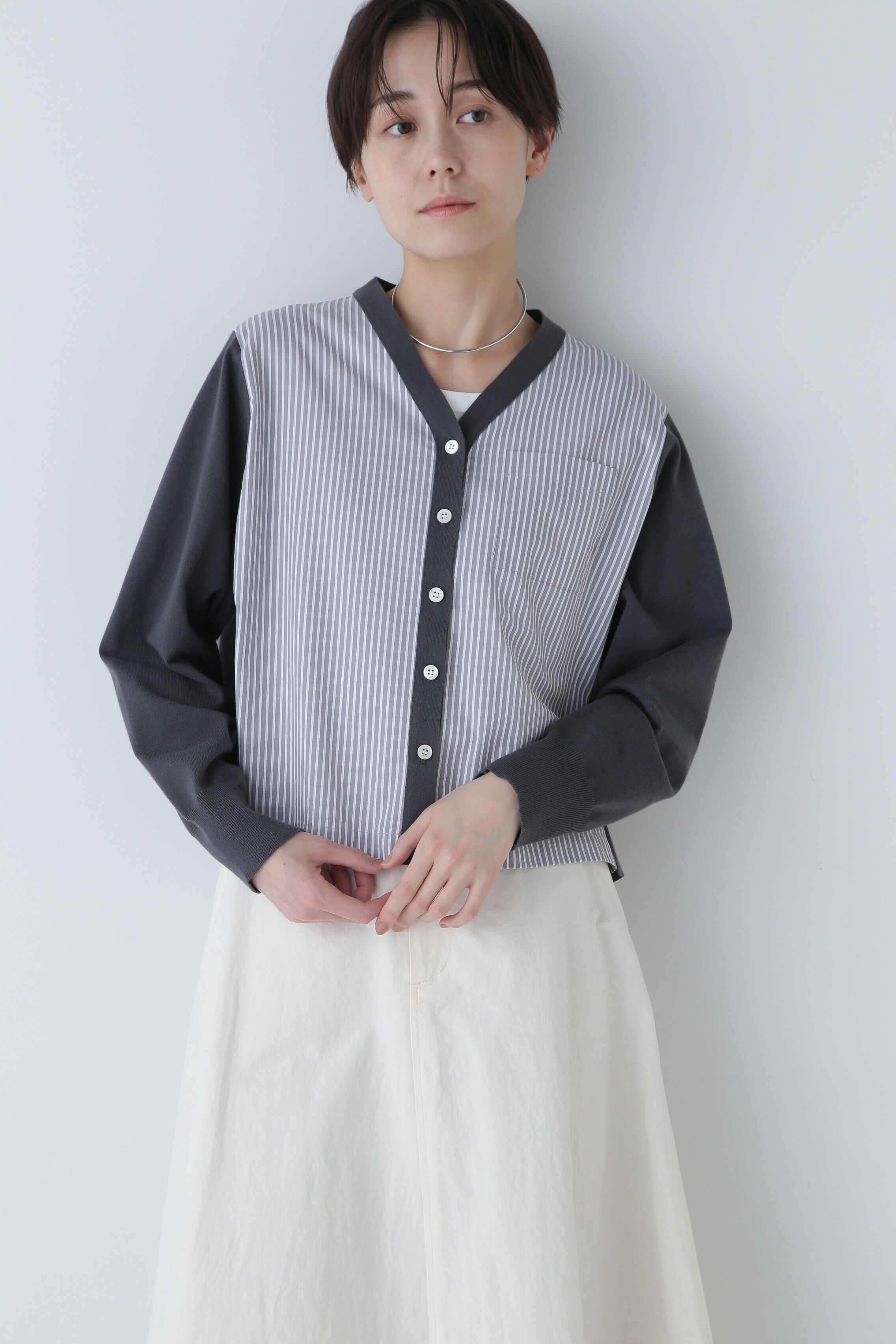  「◆布帛コンビニットカーディガン」|ニット・セーター|チャコール1