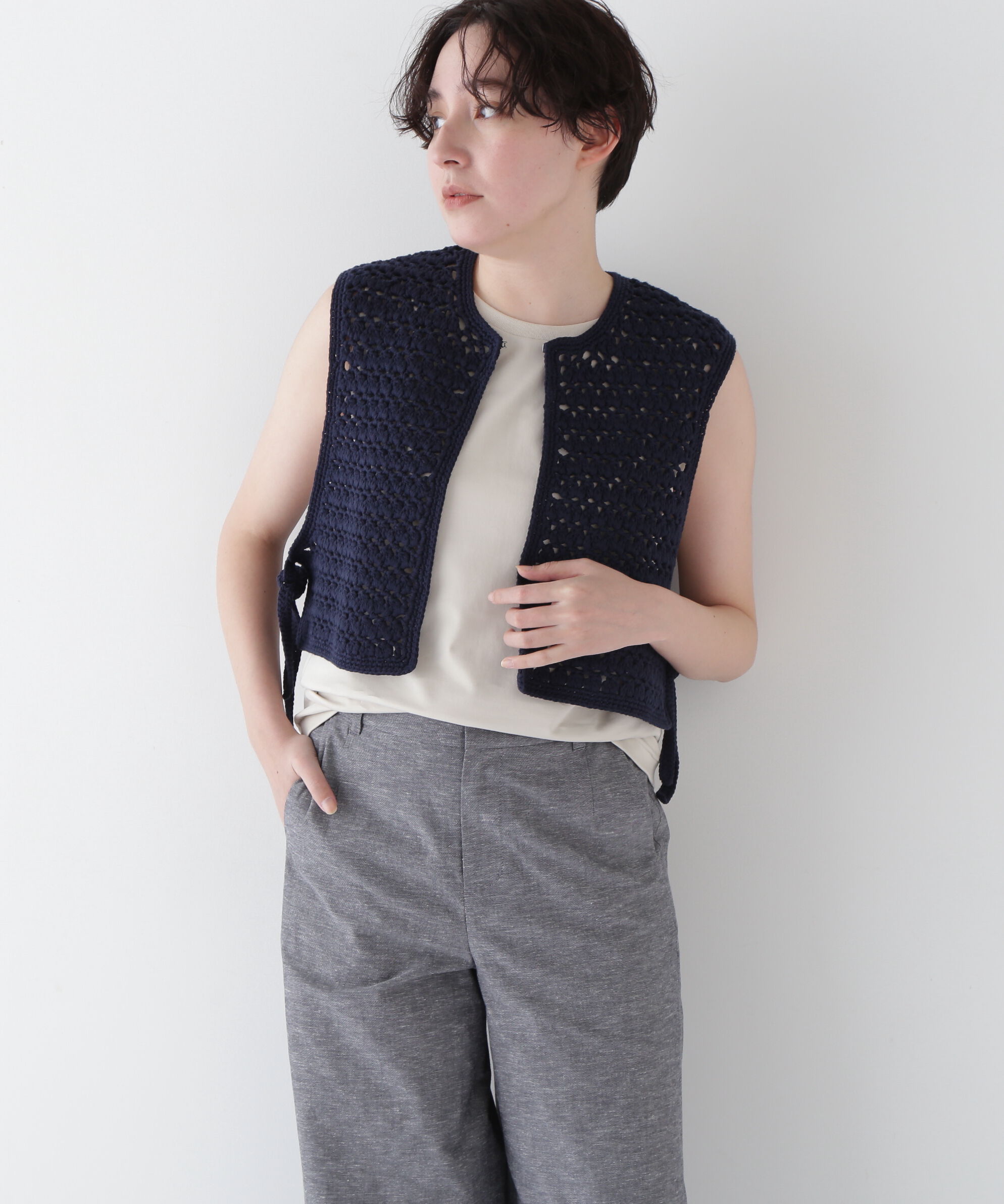  「◆【ウォッシャブル】コットンクロシェベスト」|ニット・セーター|ネイビー