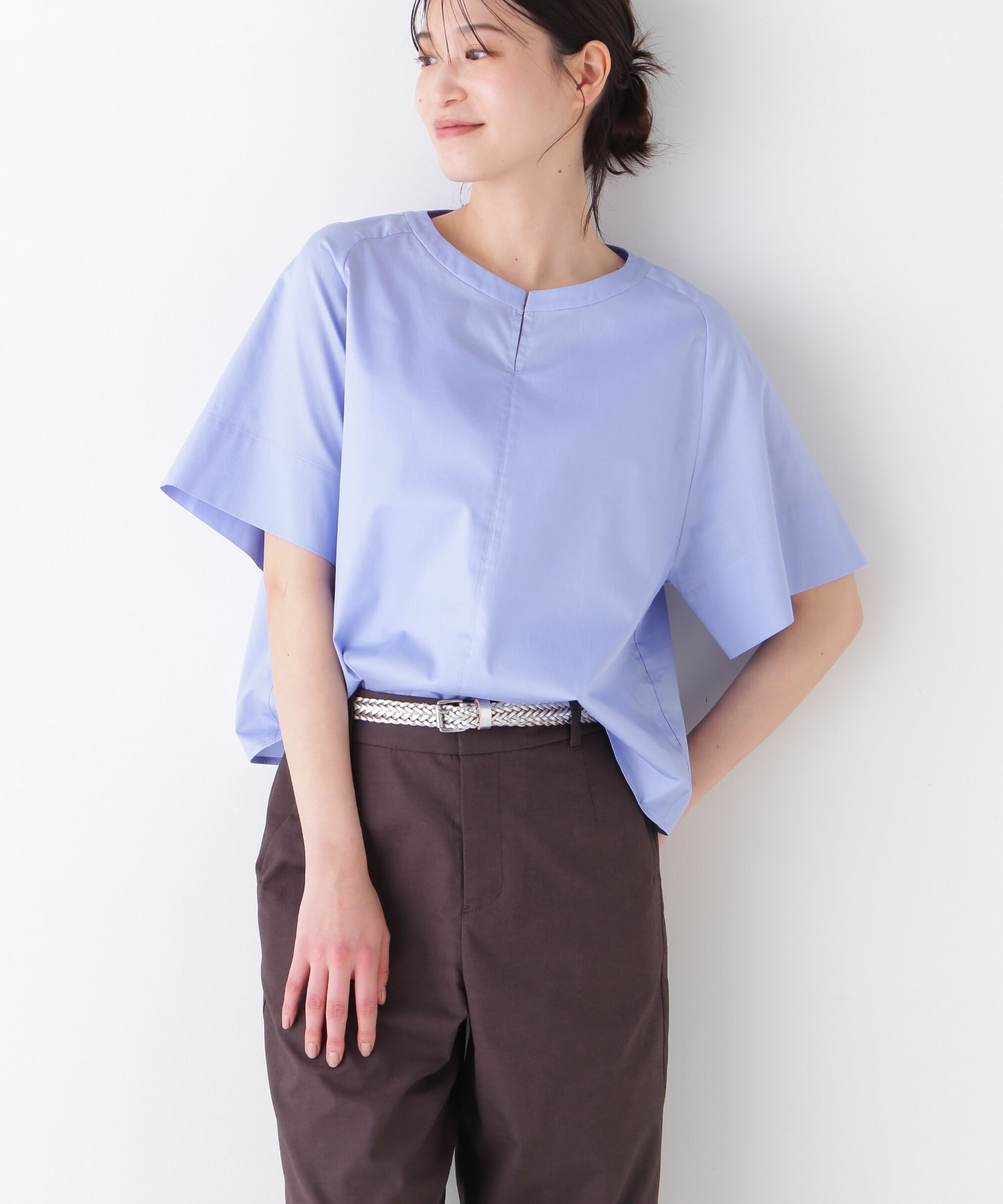  「◆ボックスシルエットキーネックブラウス」|シャツ・ブラウス|ブルー