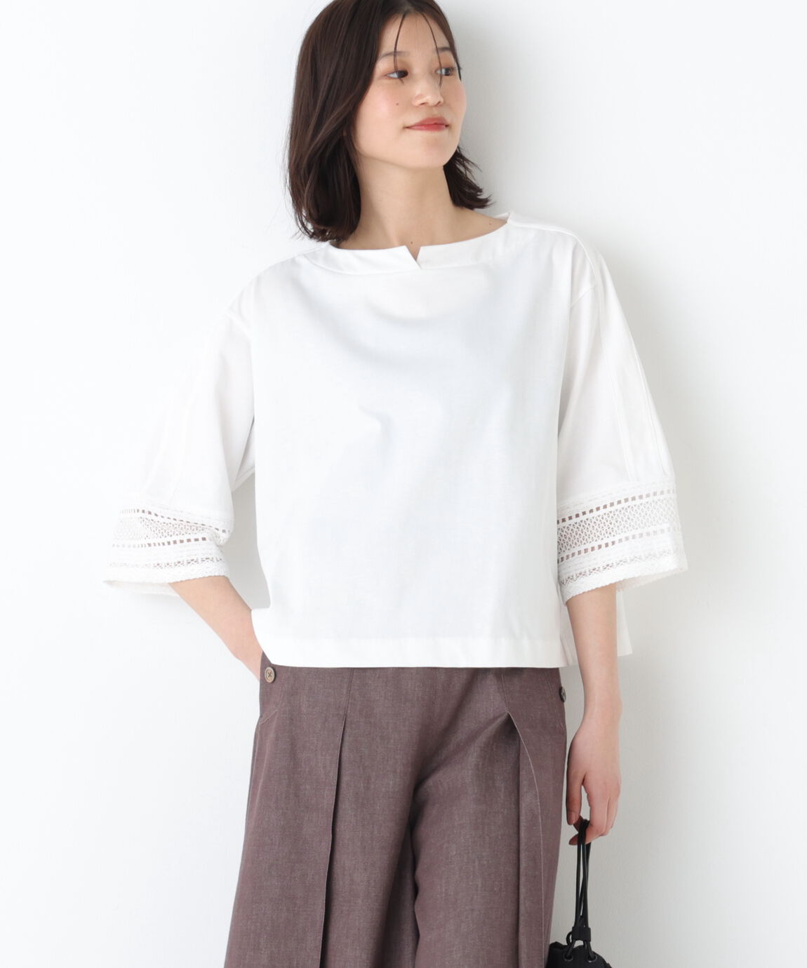  「◆袖レース強撚糸ＴＯＰＳ」|Tシャツ・カットソー|ホワイト