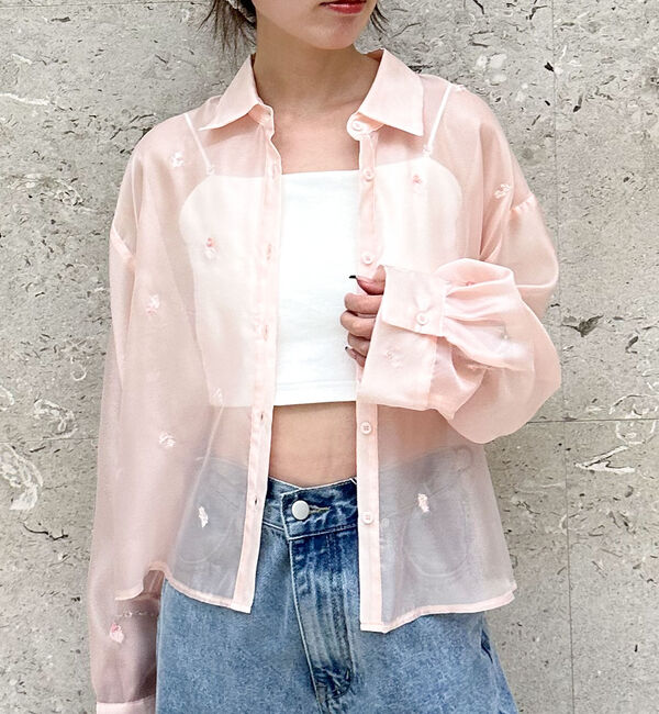 archives「ビーズ花柄刺繍シアーショートシャツ」|シャツ・ブラウス|PINK