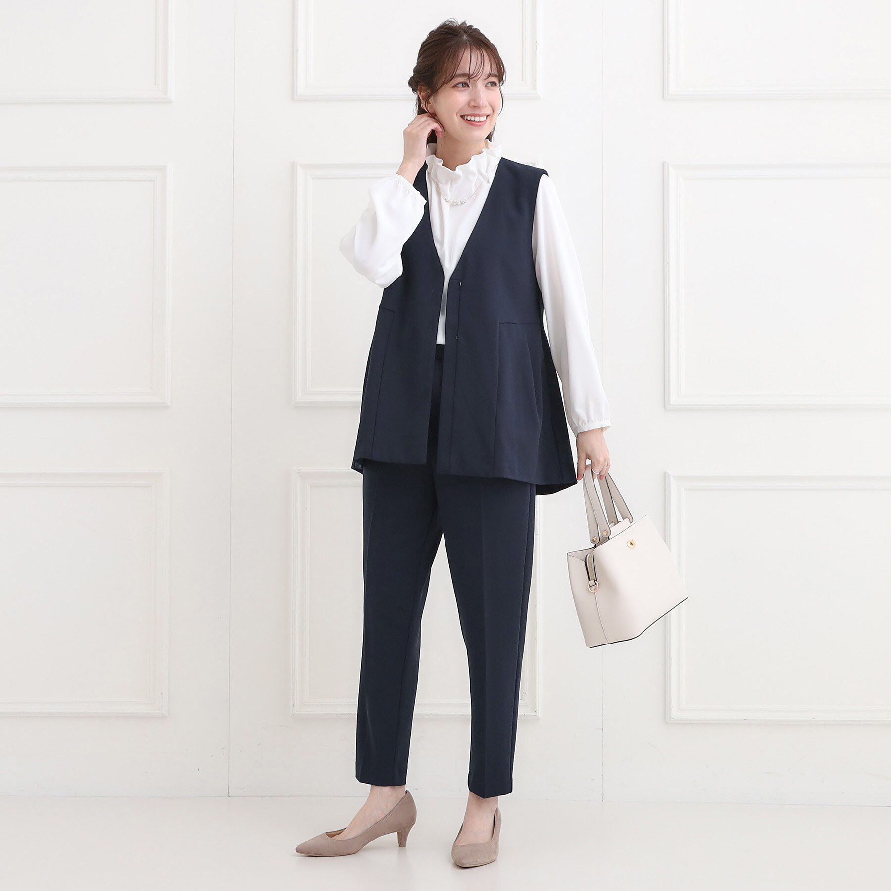 SHOO･LA･RUE「【洗濯機可/セットアップ可/S-3L】きちんと楽に。カットジョーゼット ペプラムジレ」|ベスト・ジレ|