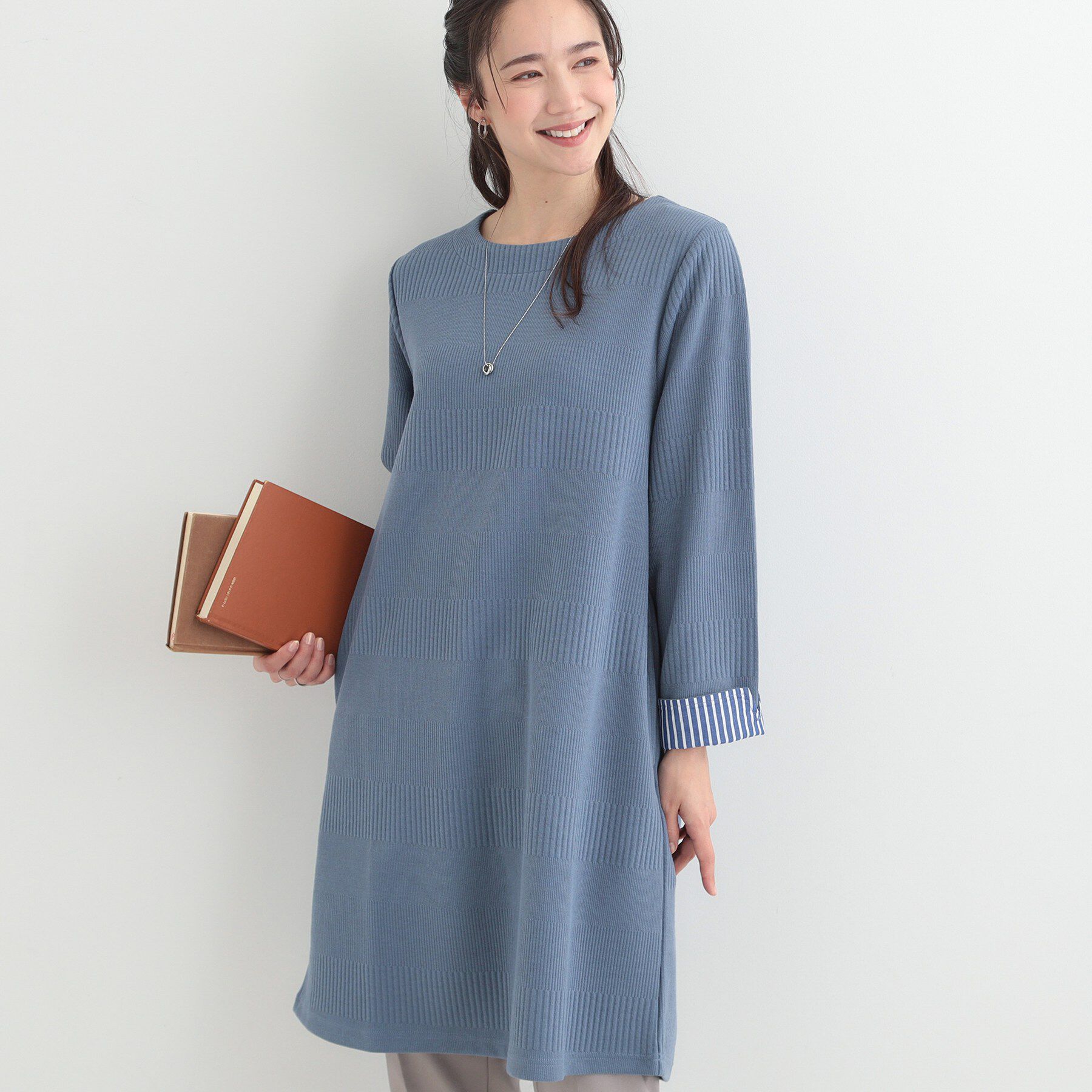 SHOO･LA･RUE「【体型カバー/洗濯機可/S-LL】お袖ストライプAラインチュニック」|チュニック|ブルー(092)