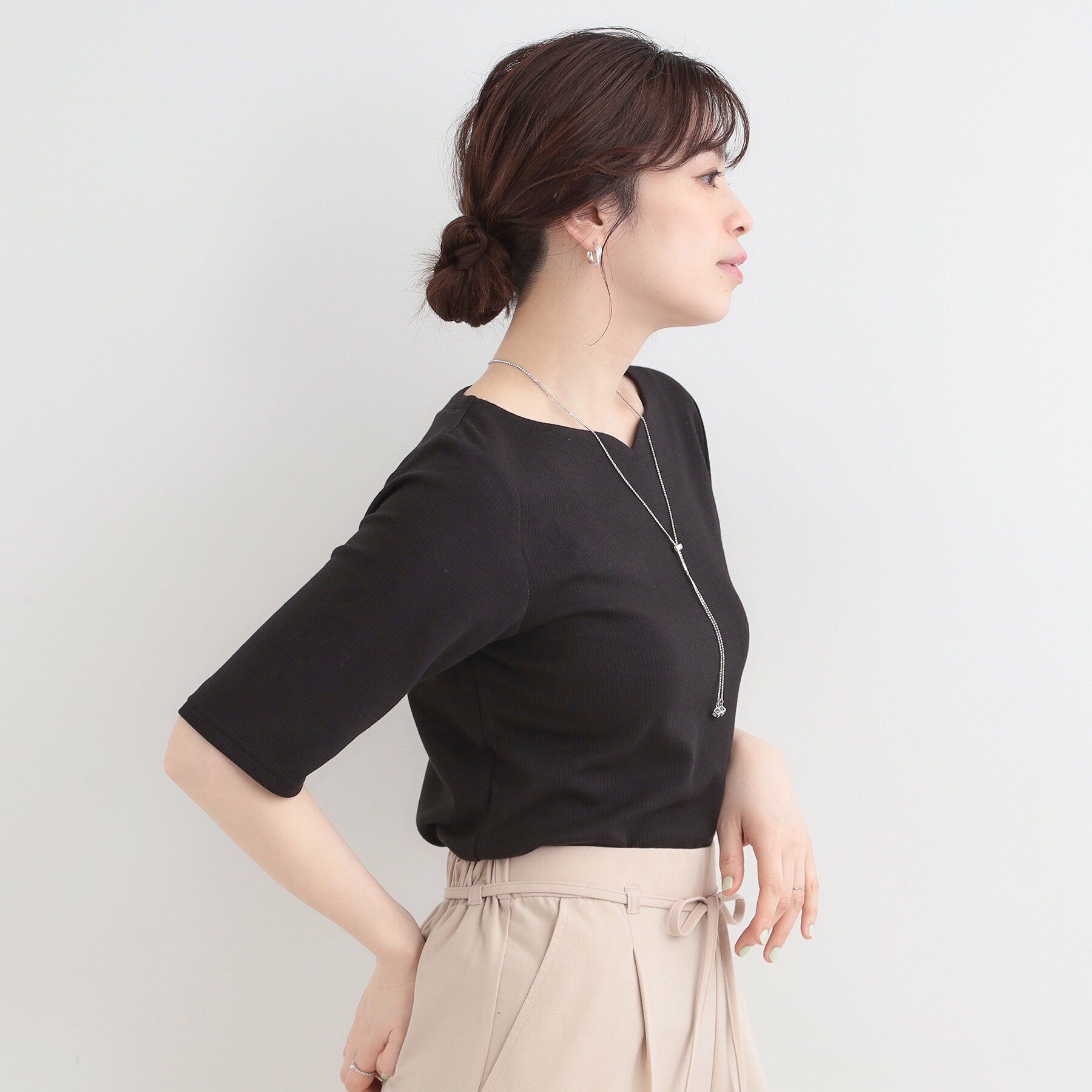 SHOO･LA･RUE「【ネックアソート】裏ひんやりテレコ5分袖トップス」|Tシャツ・カットソー|