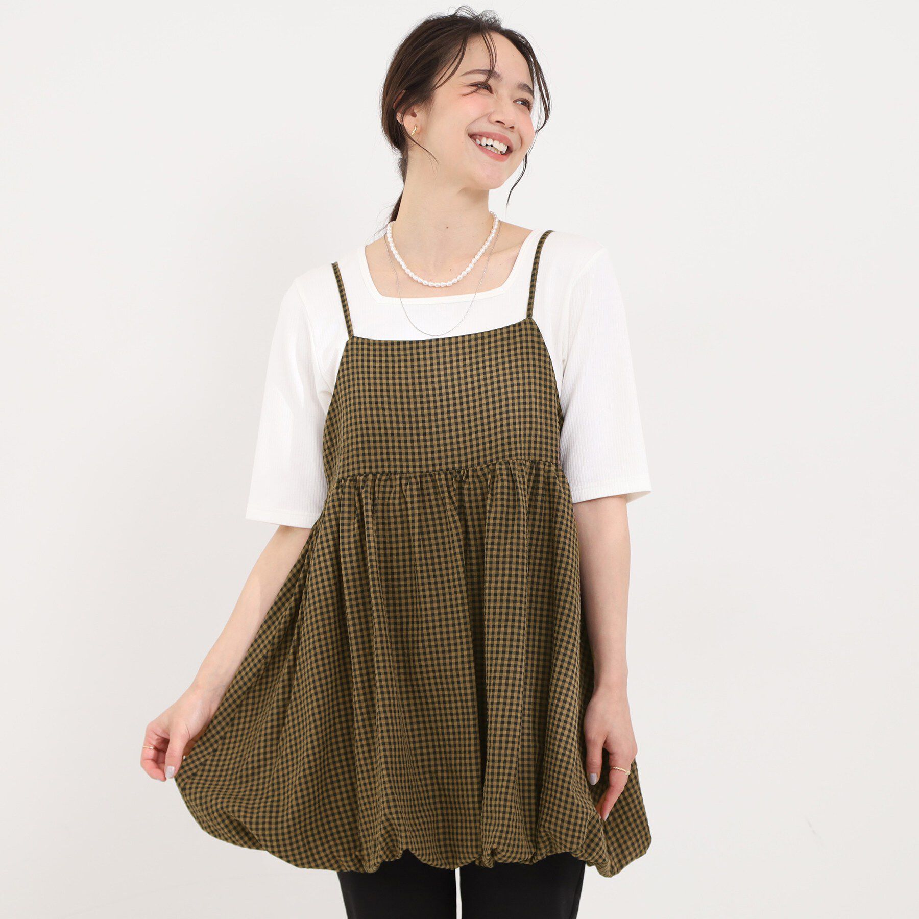 SHOO･LA･RUE「【洗濯機可/体型カバー/S-LL】後ろ姿も抜かりない ギンガムチェック柄バルーンキャミチュニック」|チュニック|
