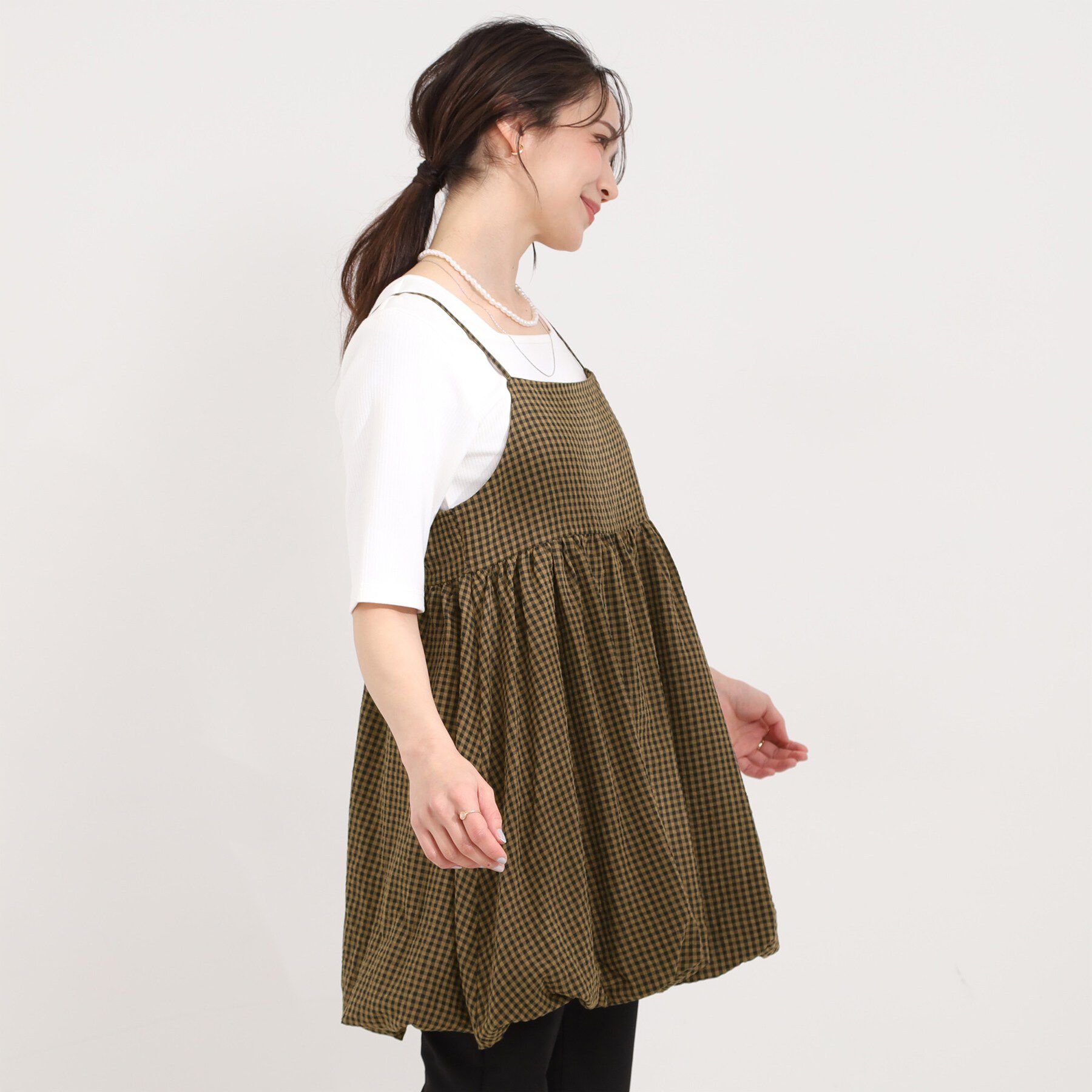 SHOO･LA･RUE「【洗濯機可/体型カバー/S-LL】後ろ姿も抜かりない ギンガムチェック柄バルーンキャミチュニック」|チュニック|