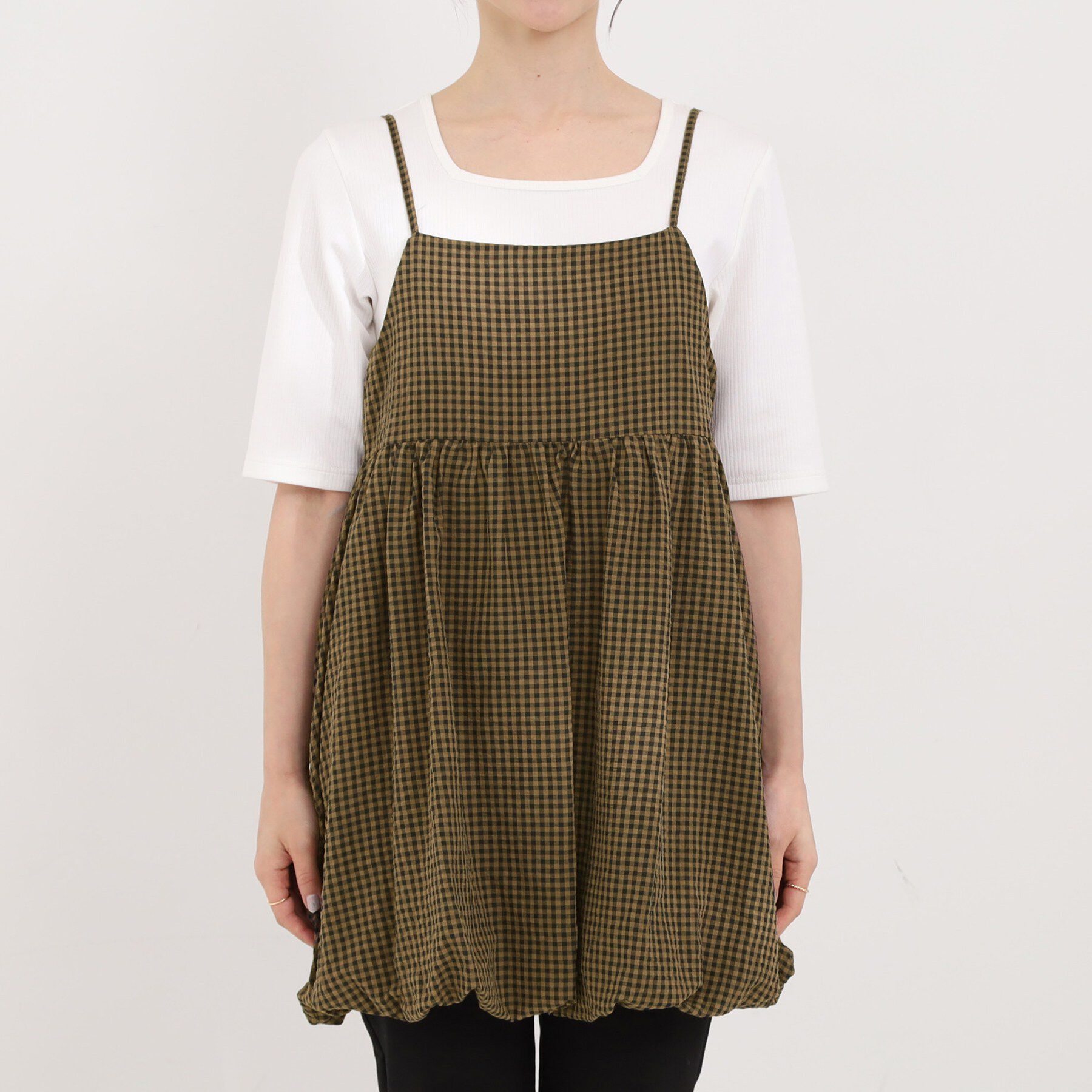 SHOO･LA･RUE「【洗濯機可/体型カバー/S-LL】後ろ姿も抜かりない ギンガムチェック柄バルーンキャミチュニック」|チュニック|