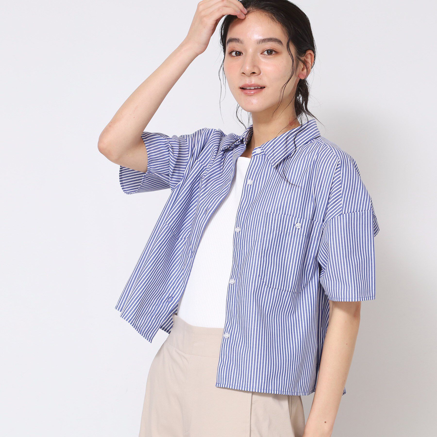 Dessin「【洗える】クロップド丈シャツ（XS～L）」|シャツ・ブラウス|ネイビー(396)