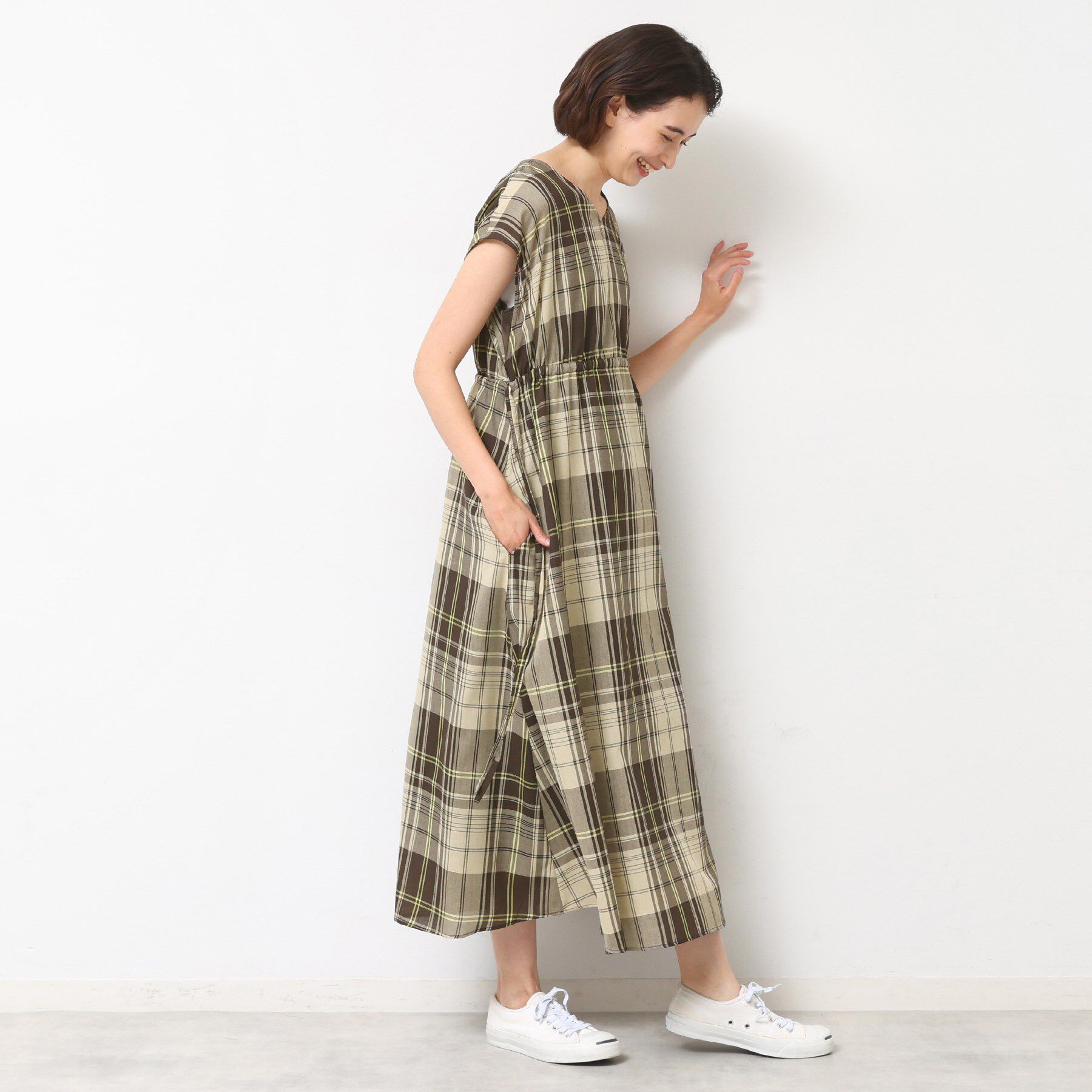 Dessin「【リンクコーデ・洗える】ウエストドロスト付きチェック柄ワンピース」|ワンピース|