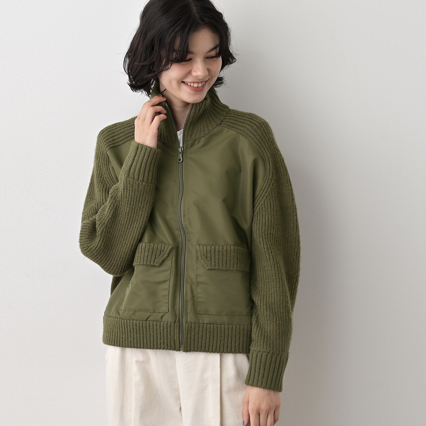 Dessin「【洗える】異素材ミックスジップブルゾン」|ブルゾン・スタジャン|カーキ(027)