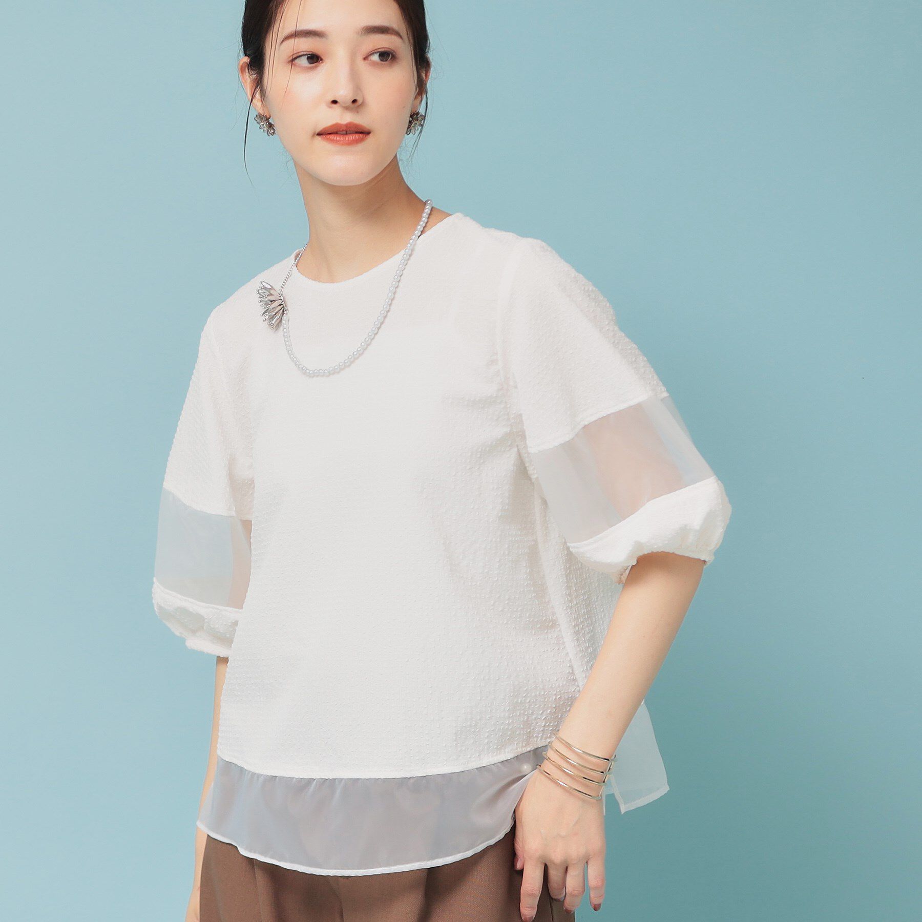 SunaUna「【5分袖】ボリュームパフスリーブトップス」|シャツ・ブラウス|オフホワイト(003