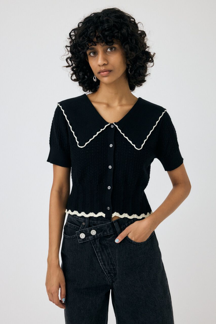 MOUSSY「KNIT LACEWORK COLLAR カーディガン」|ニット・セーター|BLK