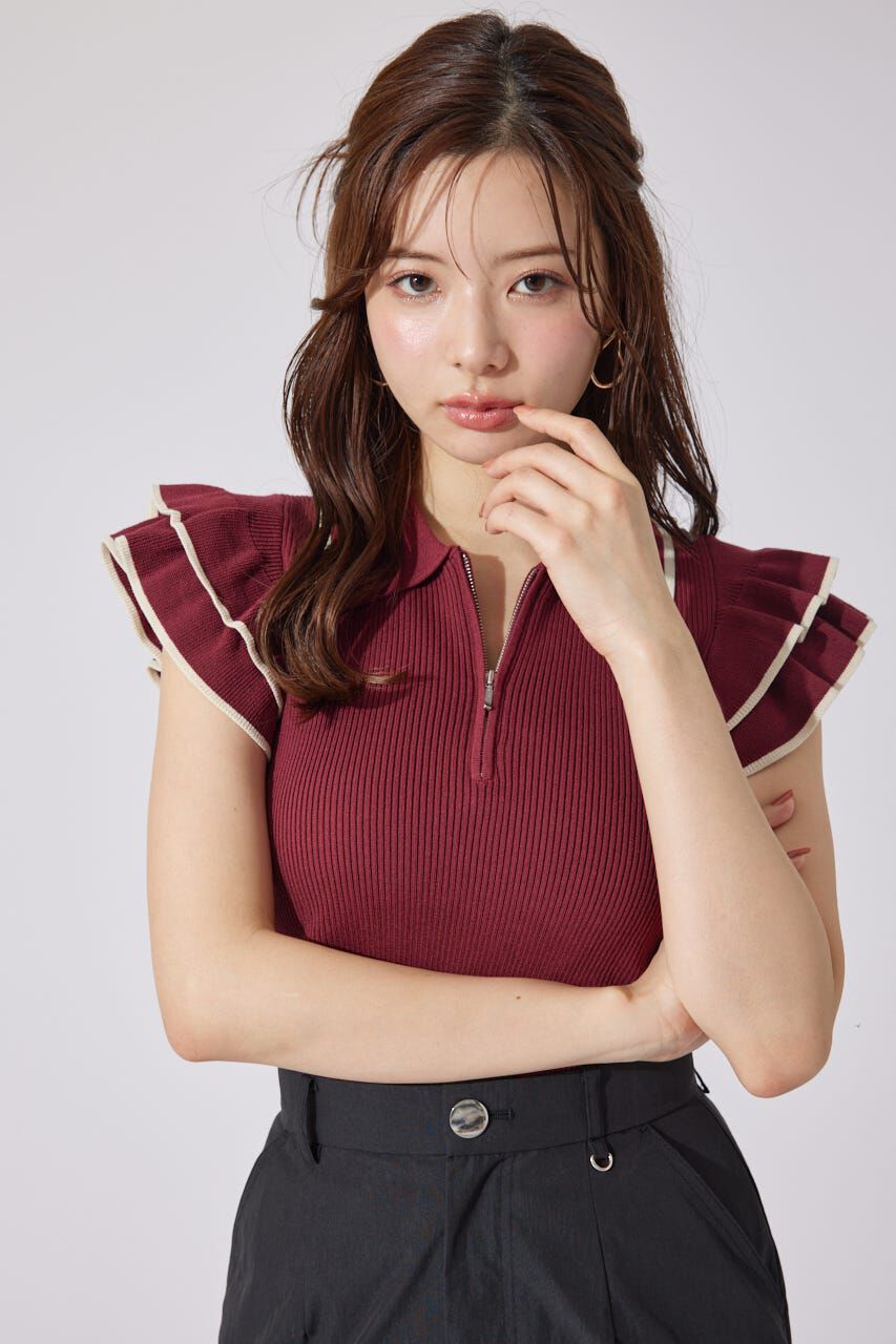 rienda「ハーフジップフリルショルダーニットトップス」|ニット・セーター|