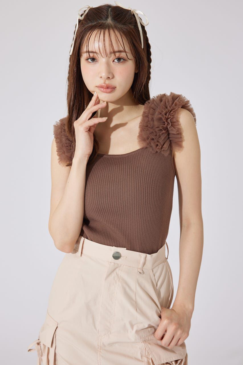 rienda「ショルダーチュールコンビニットトップス」|タンクトップ|BRN