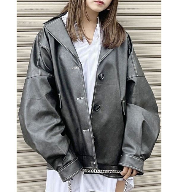 MURUA「フェイクレザーミドルジャケット」|ブルゾン・スタジャン|ダークグレー