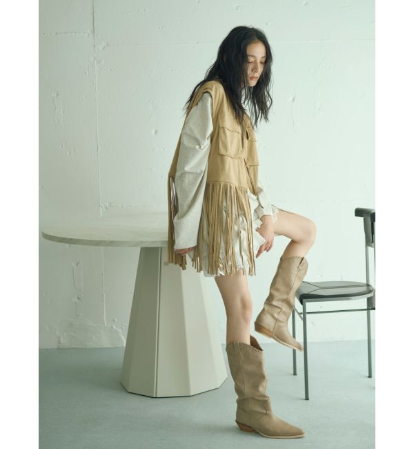 Ungrid「ポインテッドトゥウエスタンブーツ」|ロングブーツ|ベージュ