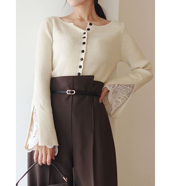 LAGUNAMOON「レーススリーブニットプルオーバー」|ニット・セーター|アイボリー