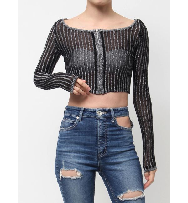 GYDA「ラメシアーオフショルショートニットカーディガン」|カーディガン|ブラック