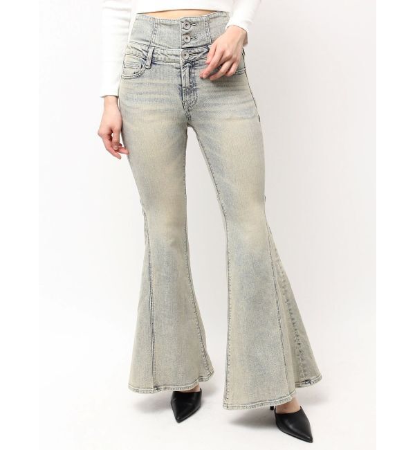 GYDA「ハイウエストボタンBACKレースアップフレアデニムパンツ」|デニム|アイスブルー