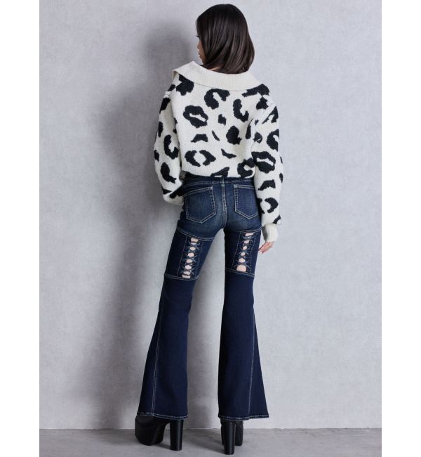 GYDA「ハイウエストボタンBACKレースアップフレアデニムパンツ」|デニム|