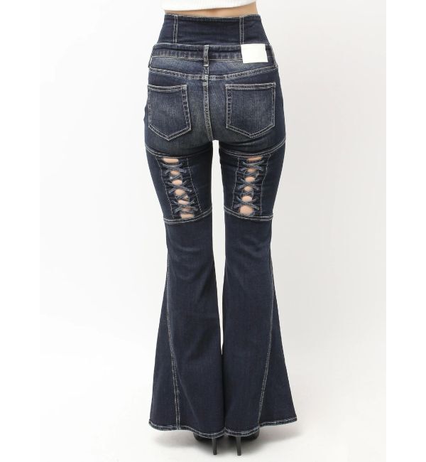 GYDA「ハイウエストボタンBACKレースアップフレアデニムパンツ」|デニム|