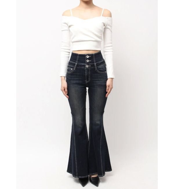 GYDA「ハイウエストボタンBACKレースアップフレアデニムパンツ」|デニム|