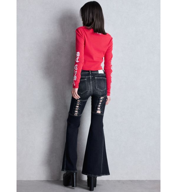 GYDA「ハイウエストボタンBACKレースアップフレアデニムパンツ」|デニム|