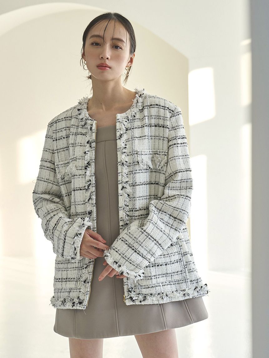 SNIDEL「ロングツイードジャケット」|ノーカラージャケット|