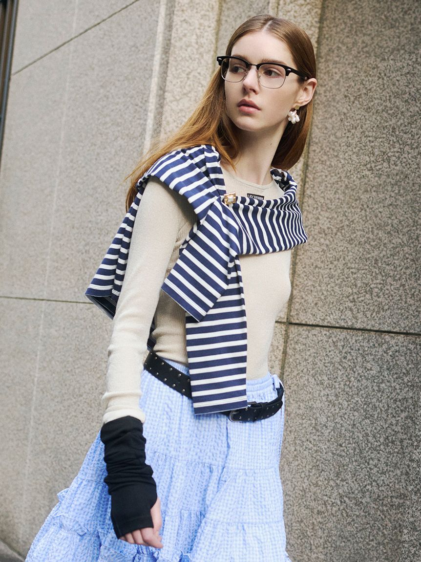 LILY BROWN「シアーレイヤードラメリブトップ」|ニット・セーター|BEG